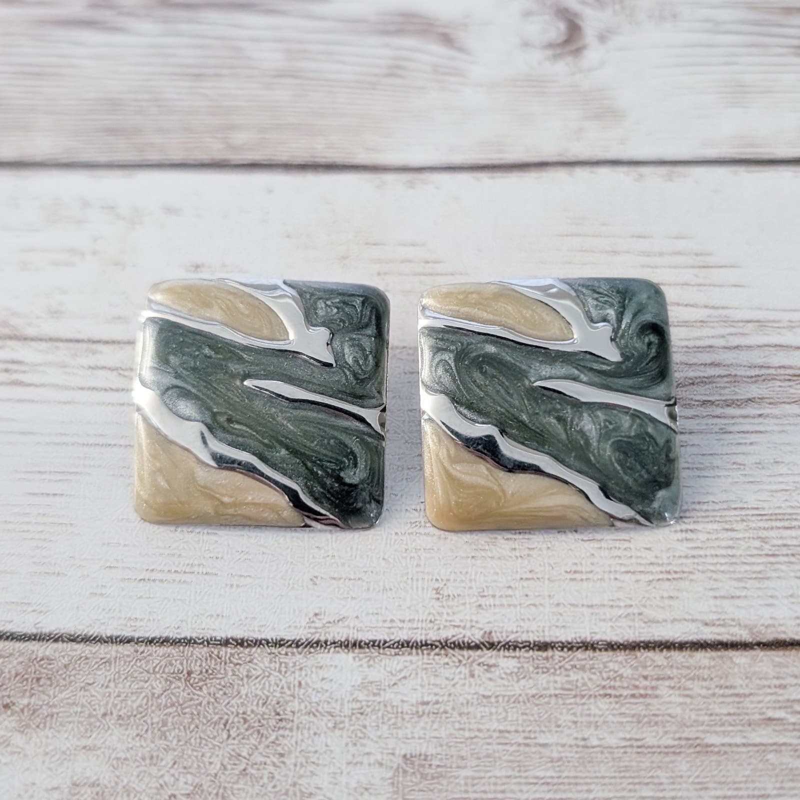 Vintage Stud Earrings Statement Green, Beige, Silver Tone Square 1"