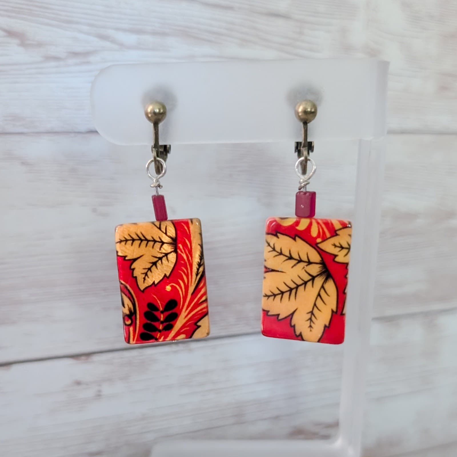 Vintage Clip On Earrings Redish Orange and Golden Yellow Tones Stunning Dangle