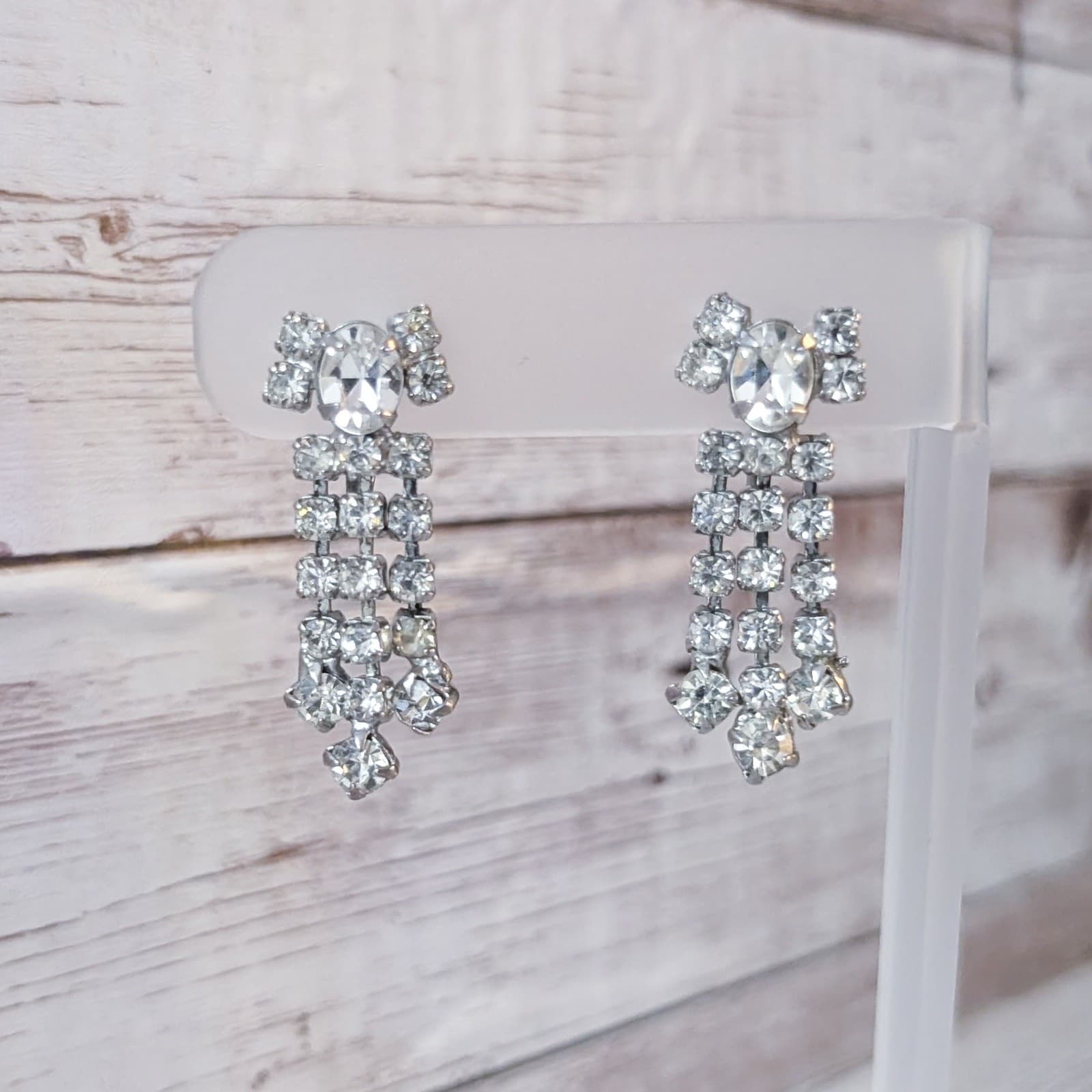 Vintage Screw Back Earrings Statement Clear Gem Long Dangle