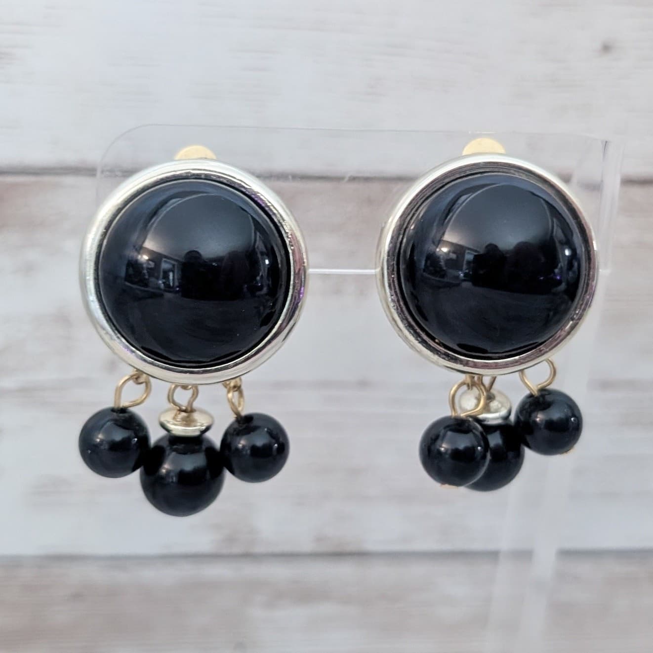 Vintage Clip On Earrings 1.5" Very Large Statement Black Chunky Dangle