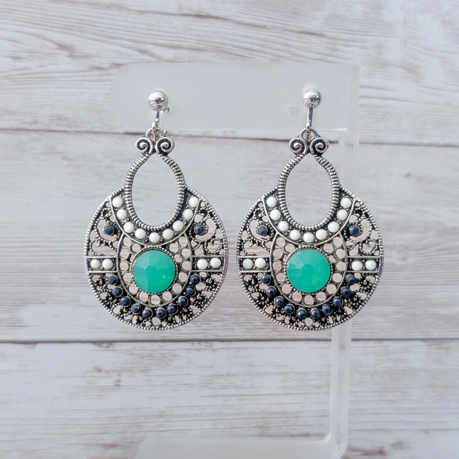 Vintage Clip On Earrings Extra Large Boho Dangle Sea Green