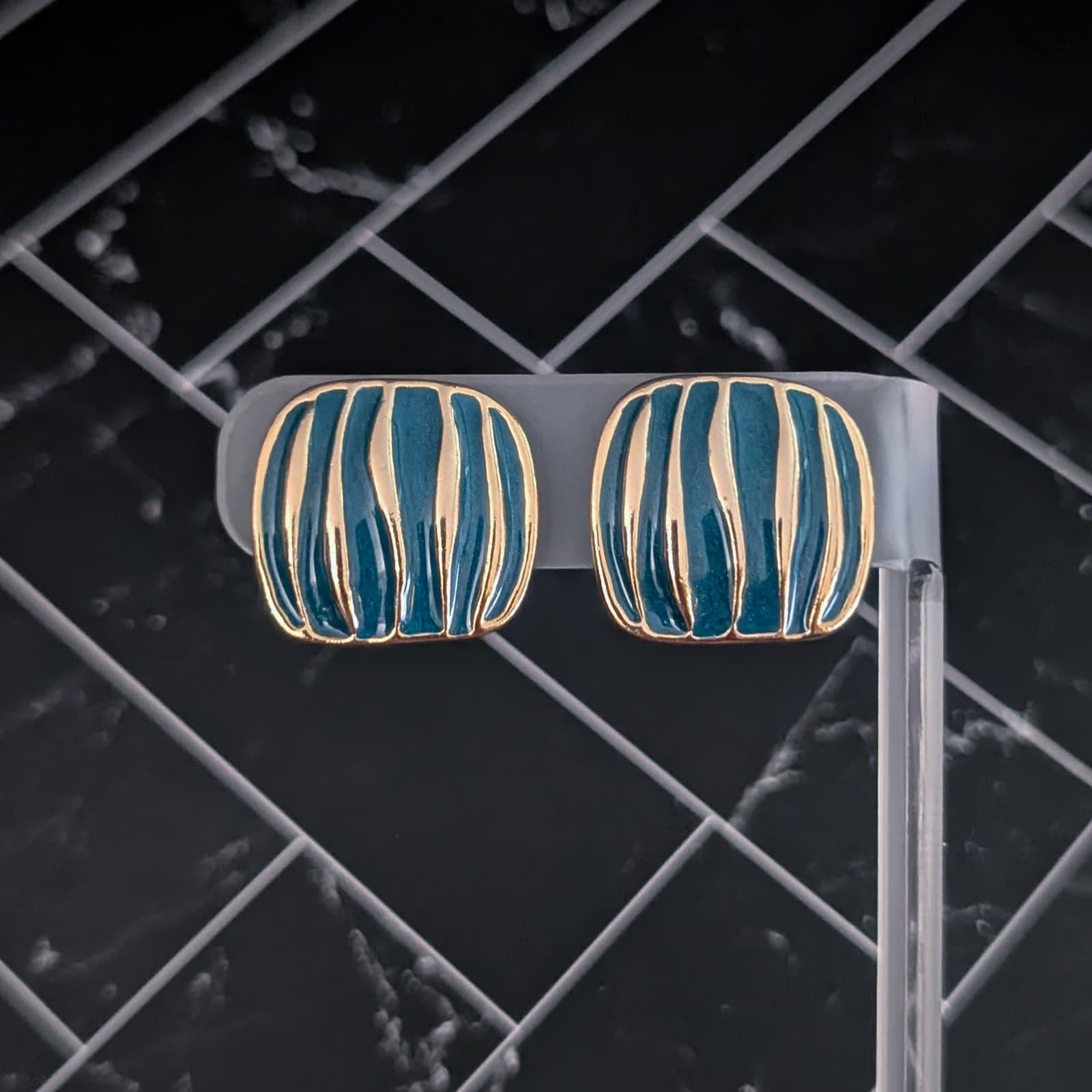 Vintage Ernst Gideon Bek Clip On Earrings Gold Tone & Blue-ish Teal Undertones