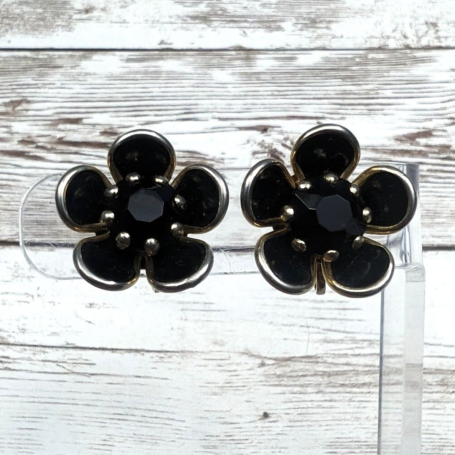 Vintage Screw On Earrings - Statement Black Flower Shape - Just Under 1"