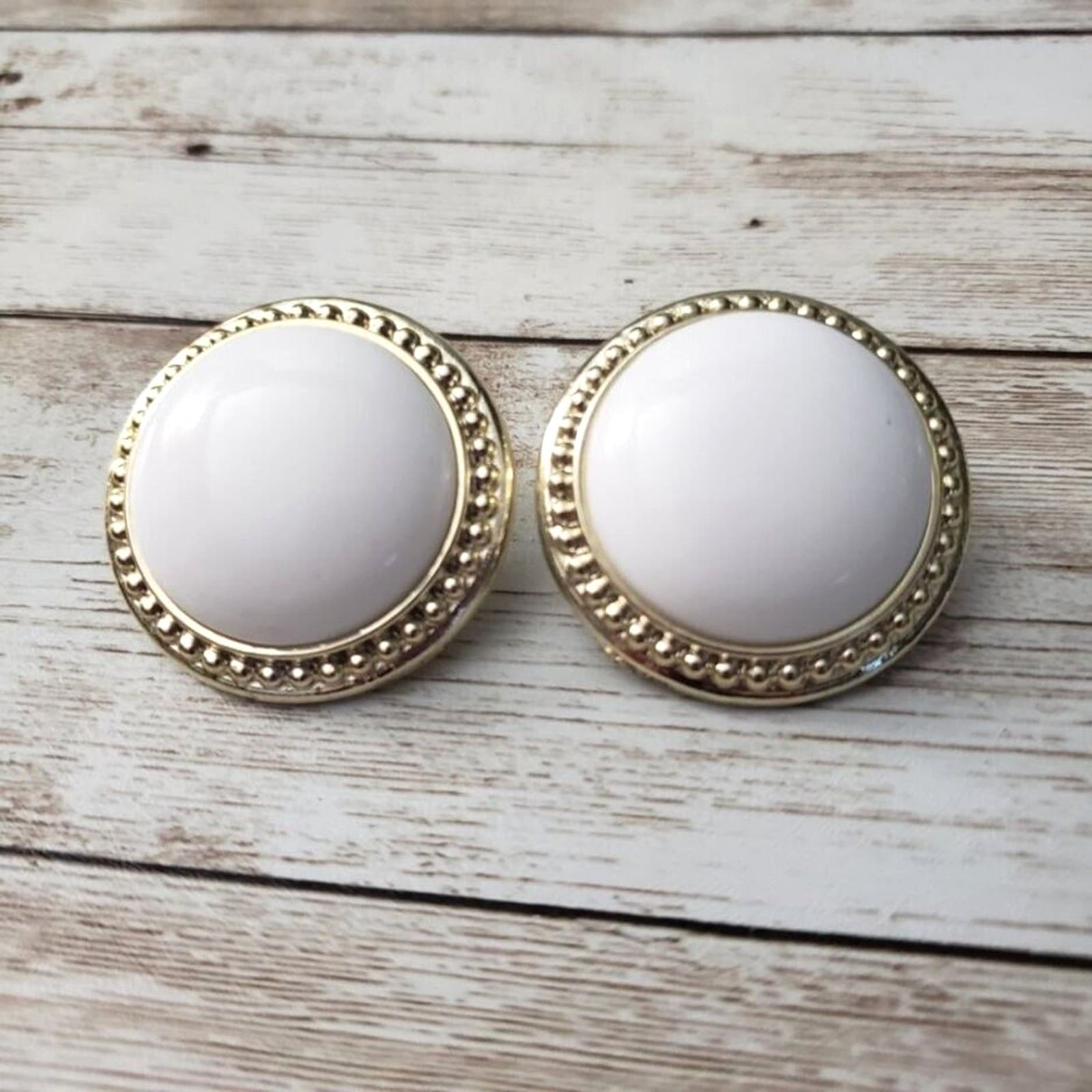 Vintage Clip On Earrings - 1 & 3/8" Large White Domed Circle with Gold Tone Halo