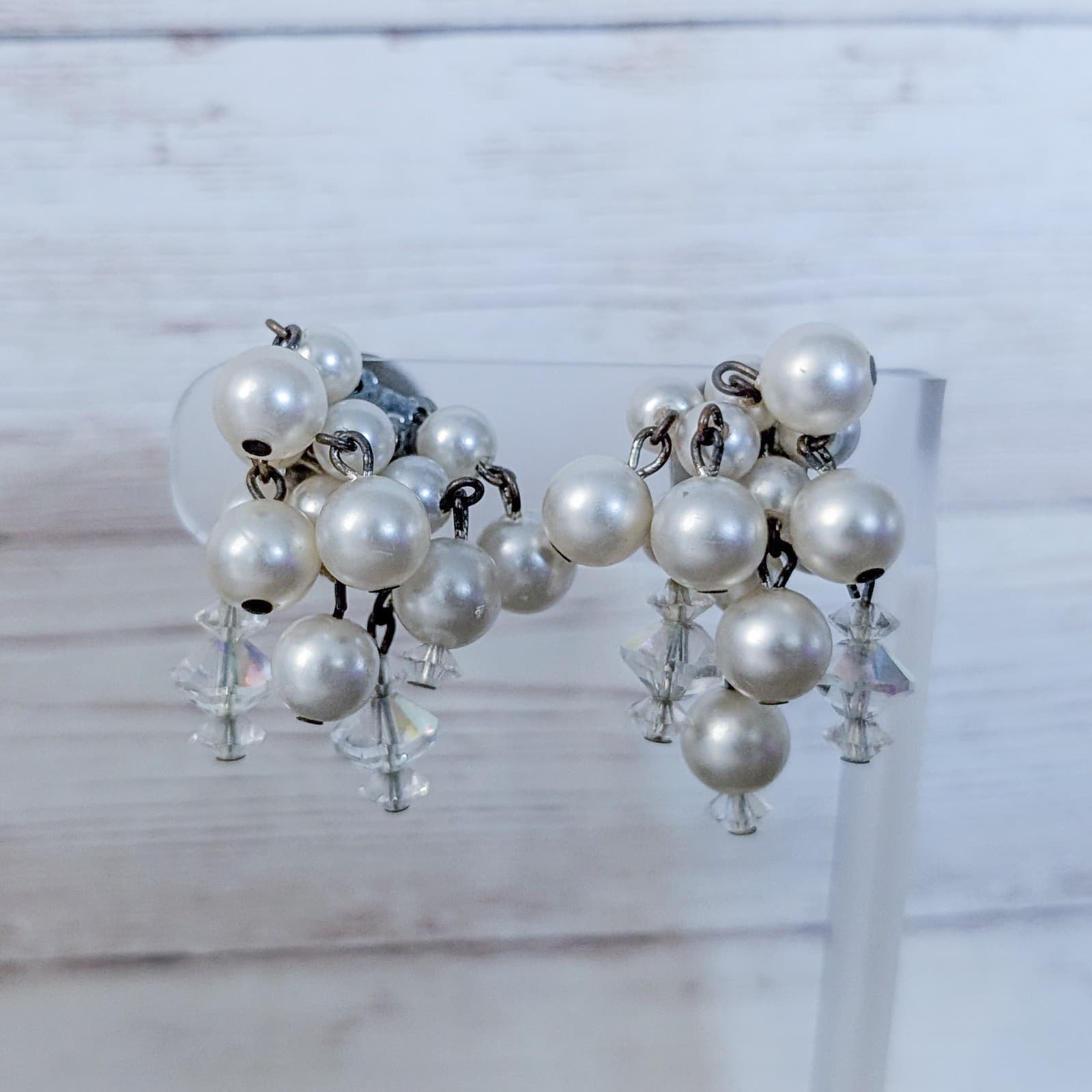 Vintage Clip On Earrings Faux Pearl & Clear Bead Cluster Dangle