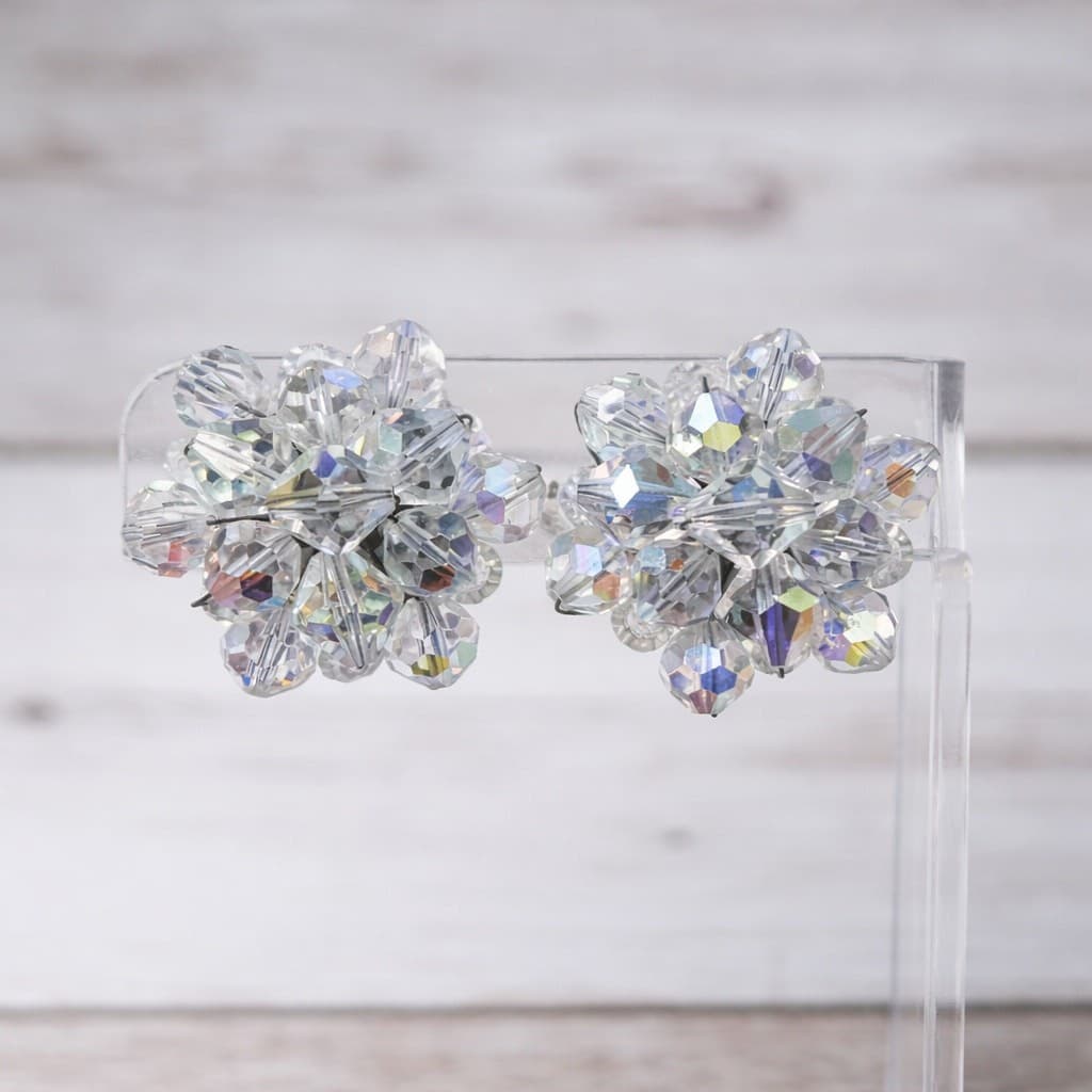 Vintage Clip On Earrings - 1 & 1/8" Clear & Iridescent Beads Cluster