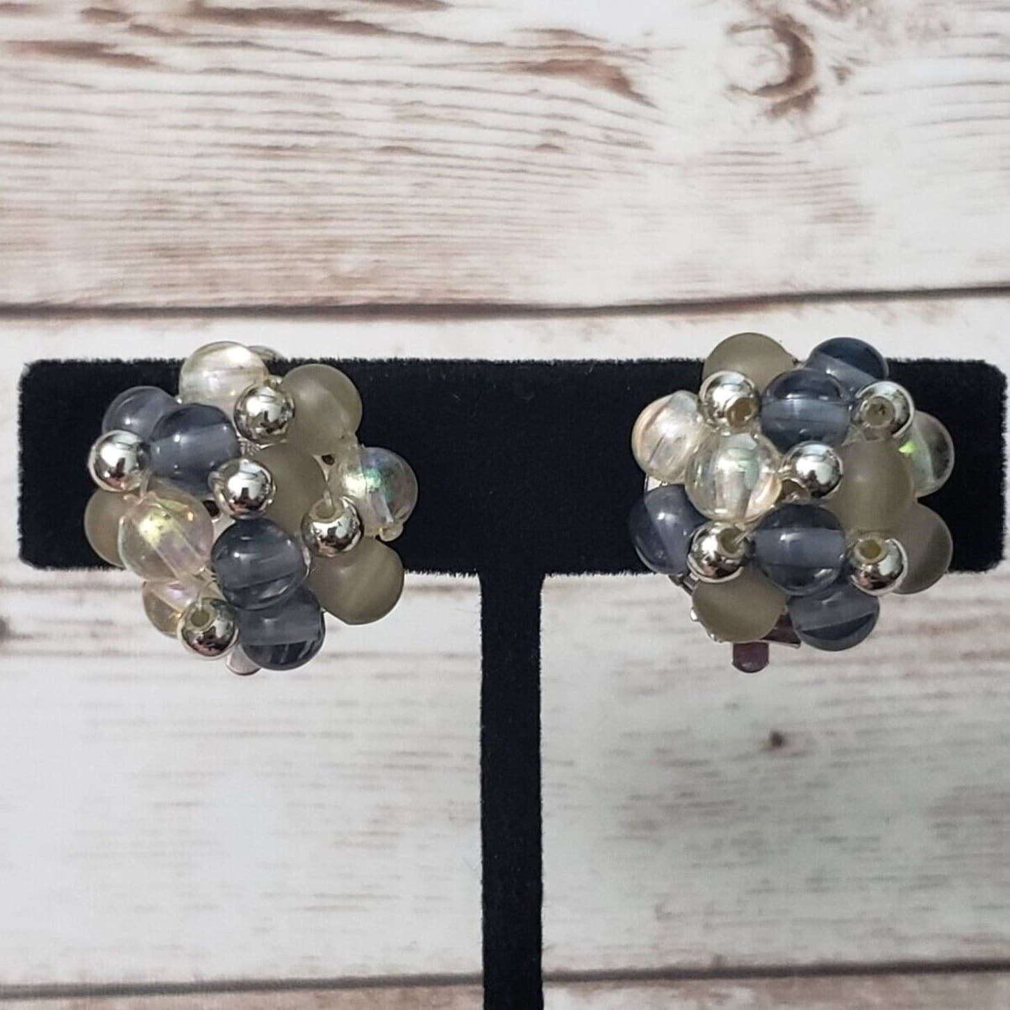 Vintage Clip On Earrings - 0.75" Cluster Style Blue, Smokey and Silver Tones
