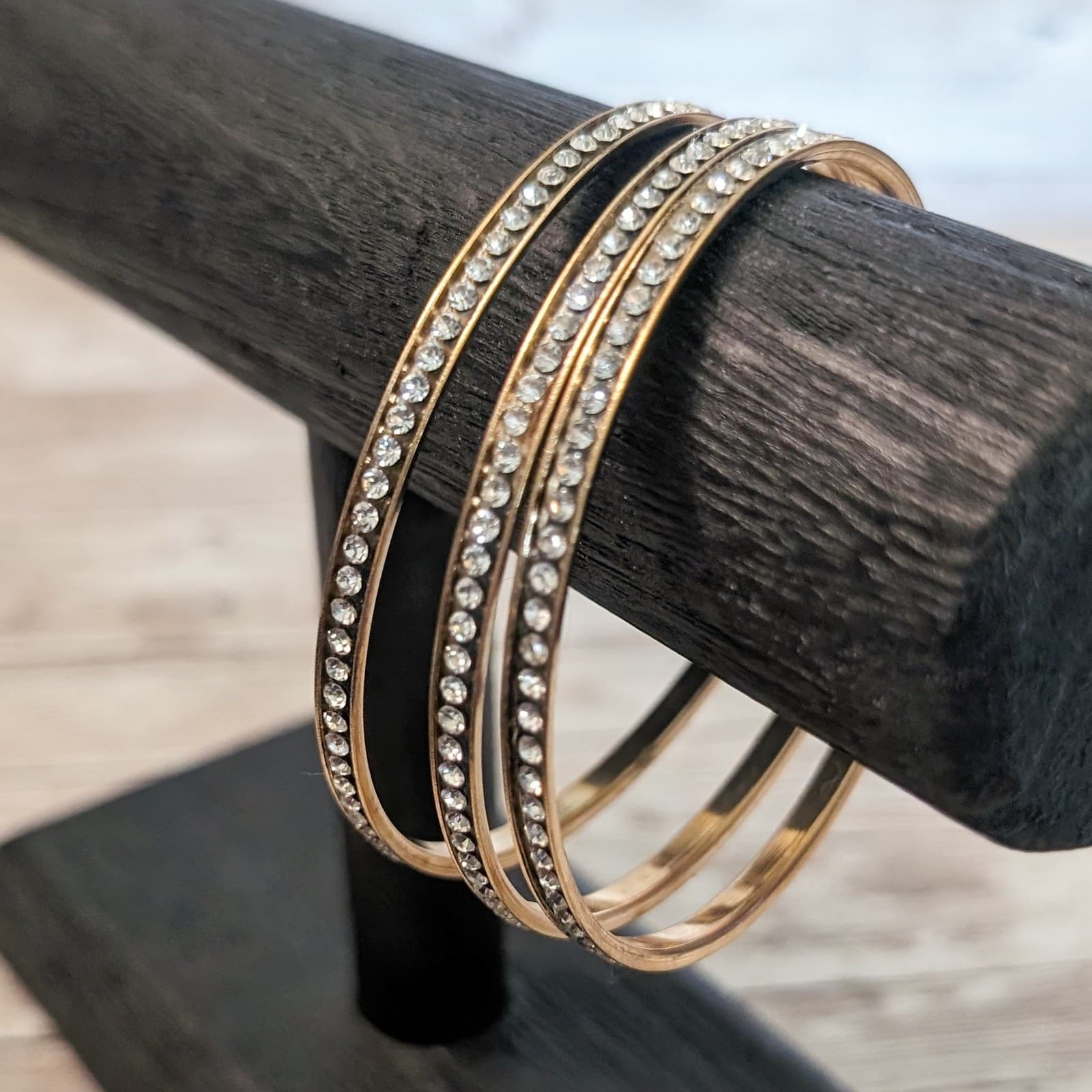 Vintage Bracelet / Bangle - Gold Tone & Clear Gem