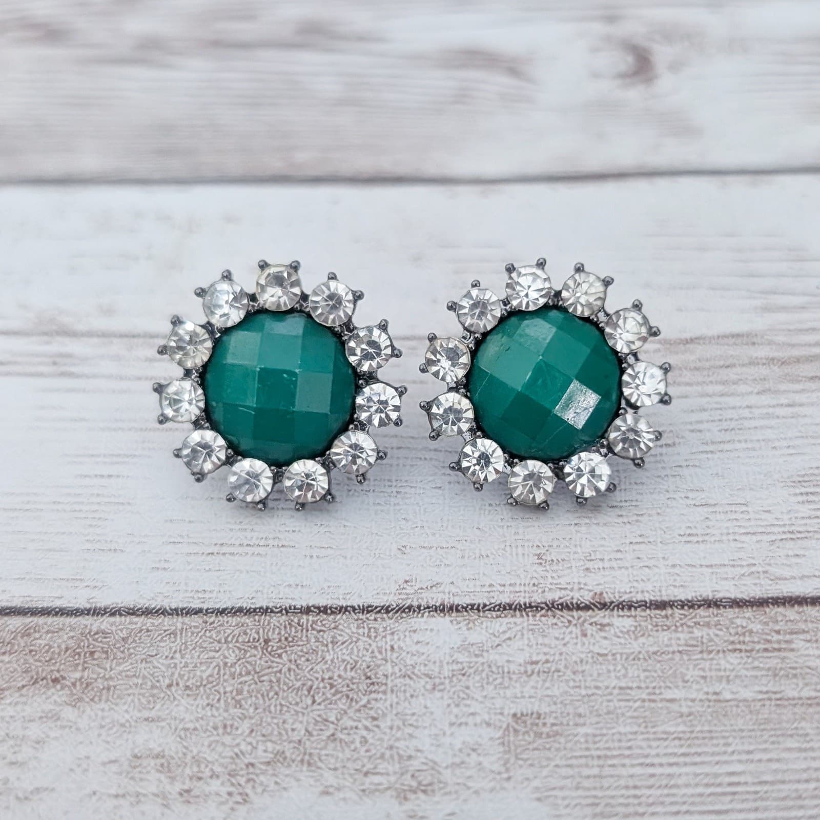 Vintage Earrings for Pierced Ears Statement Clear Gem & Green 7/8"