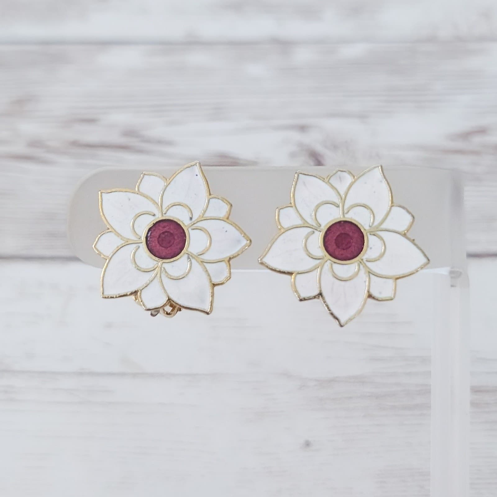 Vintage Clip On Earrings Large Flower White & Red Statement - Some Marks
