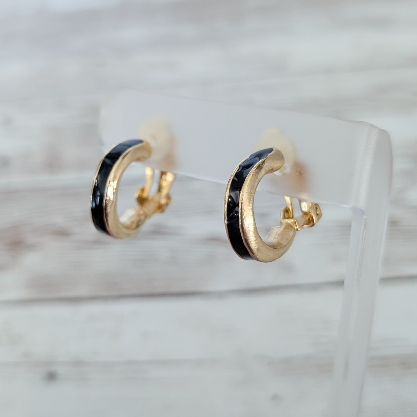 Vintage Clip On Earrings Gold Tone with Black Enamel Center Hoops