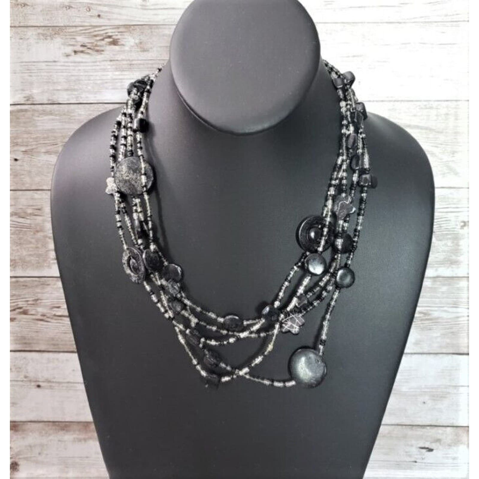 Vintage Necklace Black & Clear Multi Layer Necklace