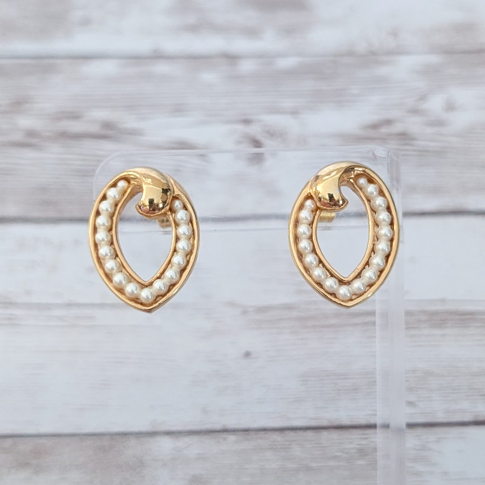 Vintage Stud Earrings Stunning Statement Gold Tone & Faux Pearl