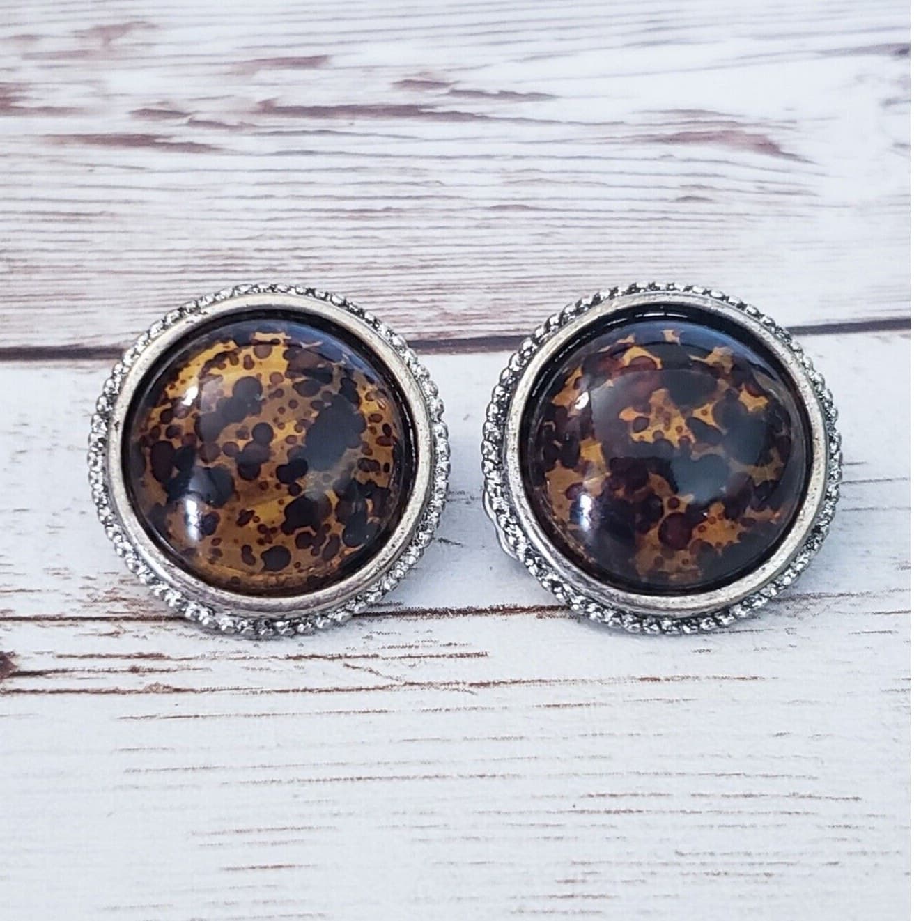 Vintage Clip On Earrings Statement Brown & Silver Tone 7/8"