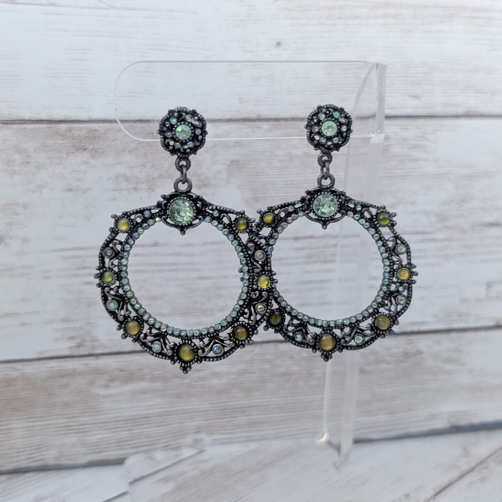 Extra Large Stud Earrings Dangle Earrings Dark Metal & Green Gems