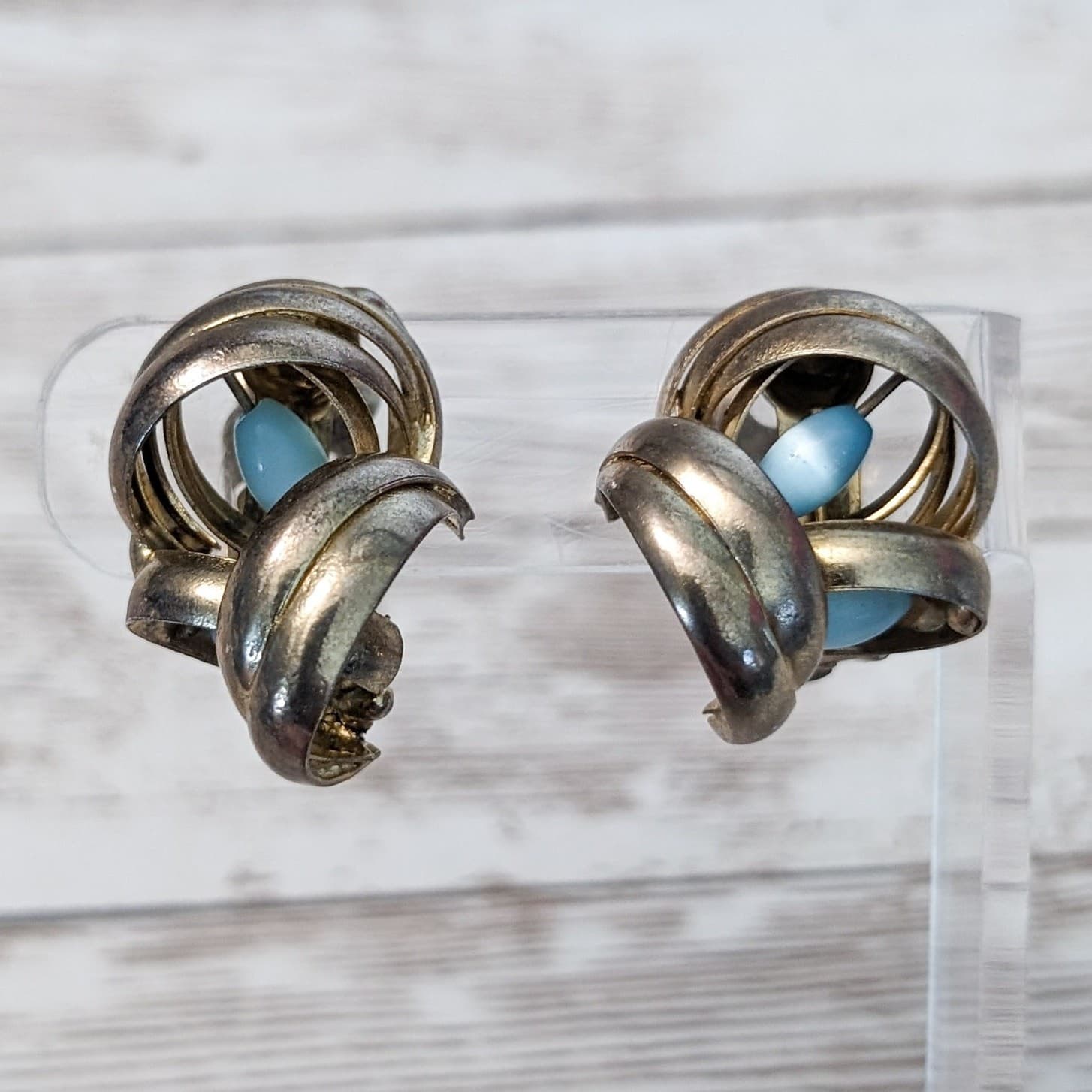 Vintage Clip On Earrings Statement Unusual Light Blue Accents - Just Under 1"