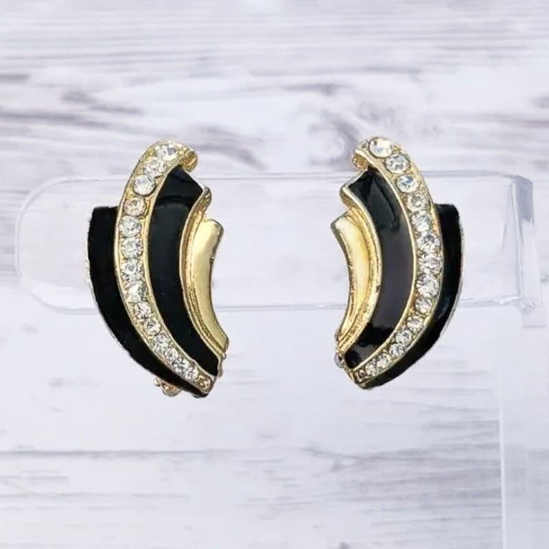 Vintage Clip On Earrings - Statement Swoosh Black, Gold Tone, Clear Gem - Signed