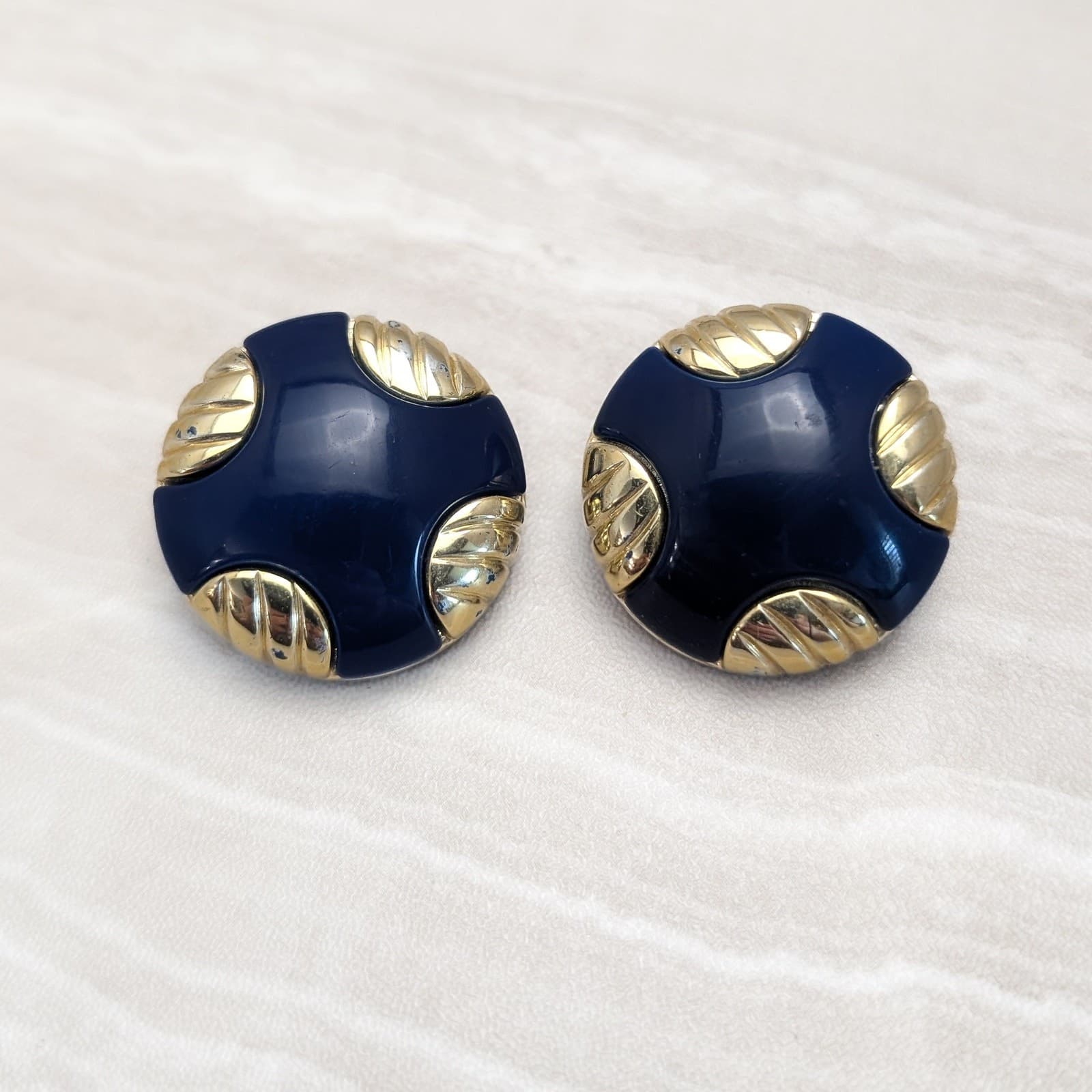 Vintage Clip On Earrings Very Large Dark Navy Blue & Gold Tone Statement Chunky