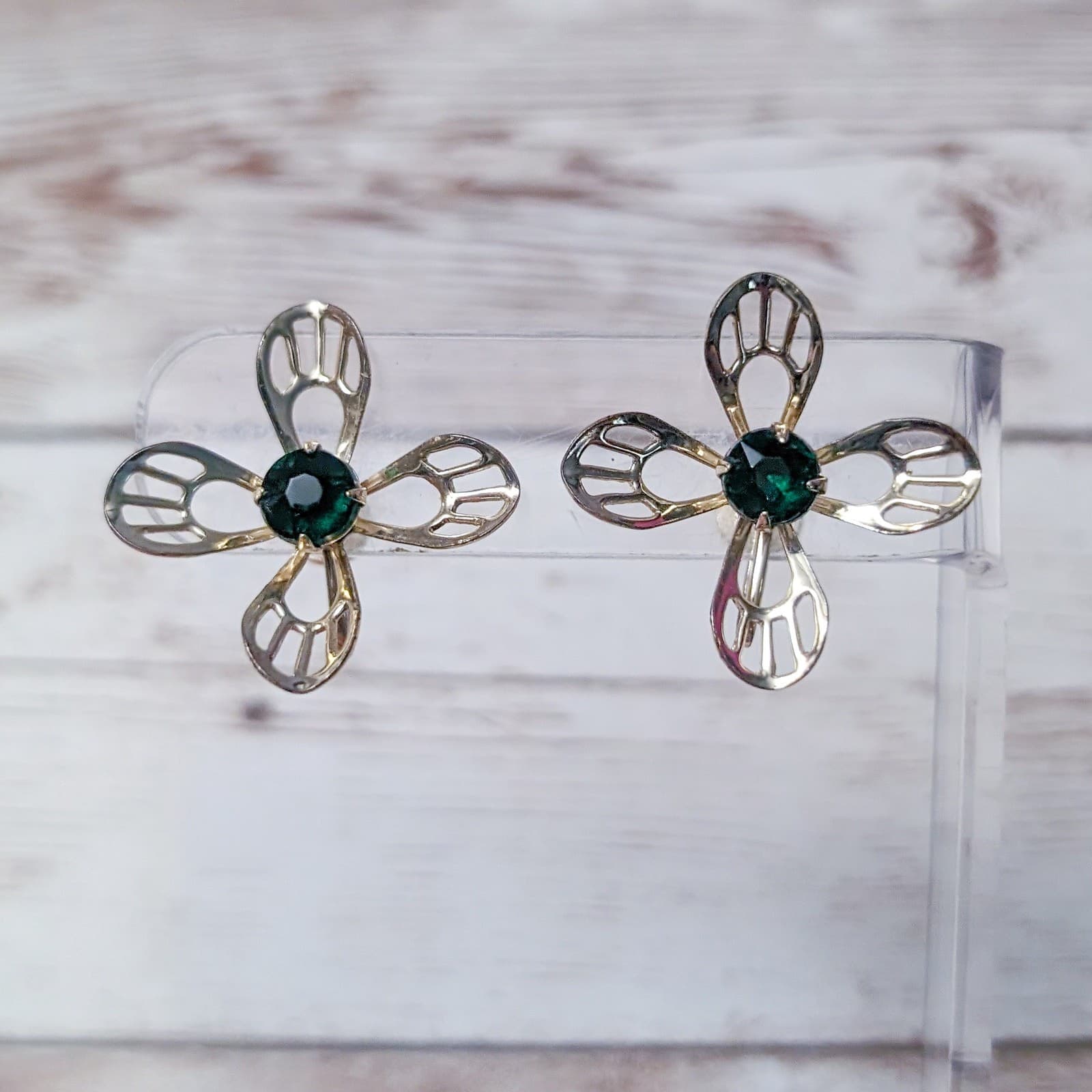 Vintage Screw Back Earrings Large Gold Tone with Dark Green Gem