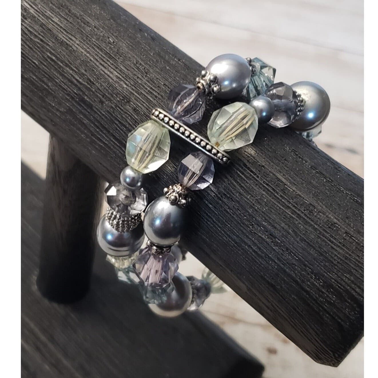 Vintage Stretch Bracelet / Bangle - Double Row Silvery Blue Tones