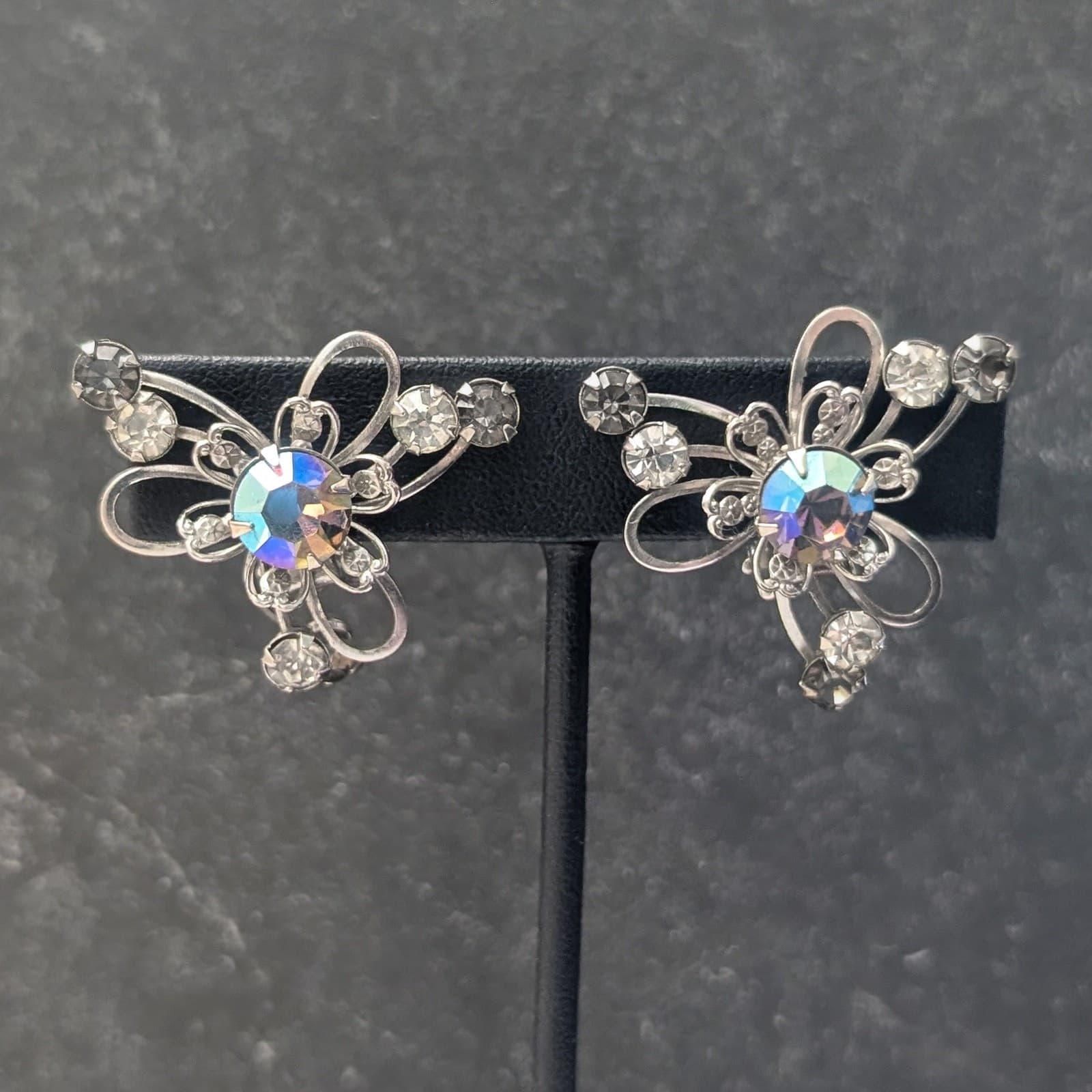 Vintage Clip On Earrings Large Silver Tone, Gray, Clear & AB Aurora Borealis