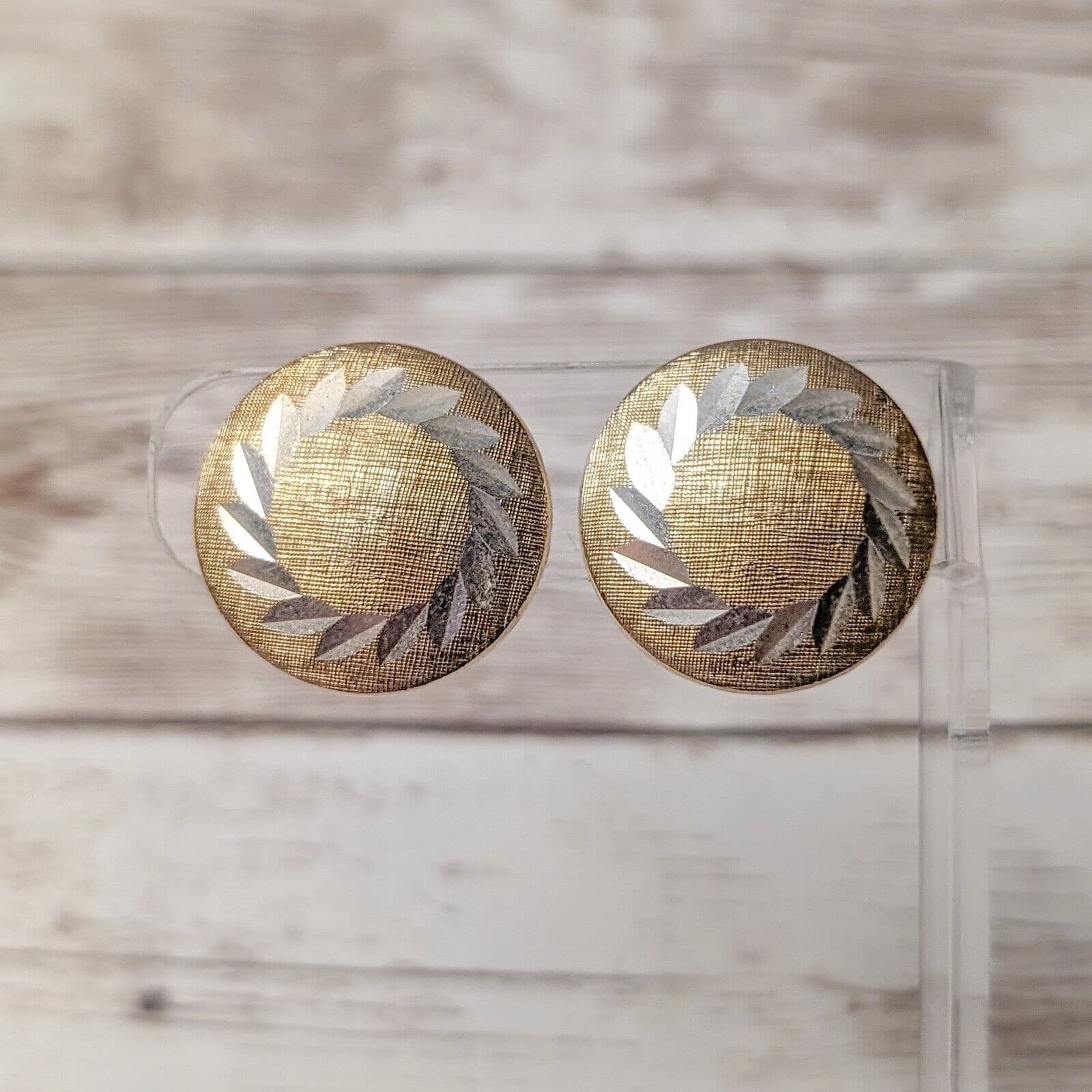 Vintage Clip On Earrings - 1" Gold Tone with Silver Tone Design