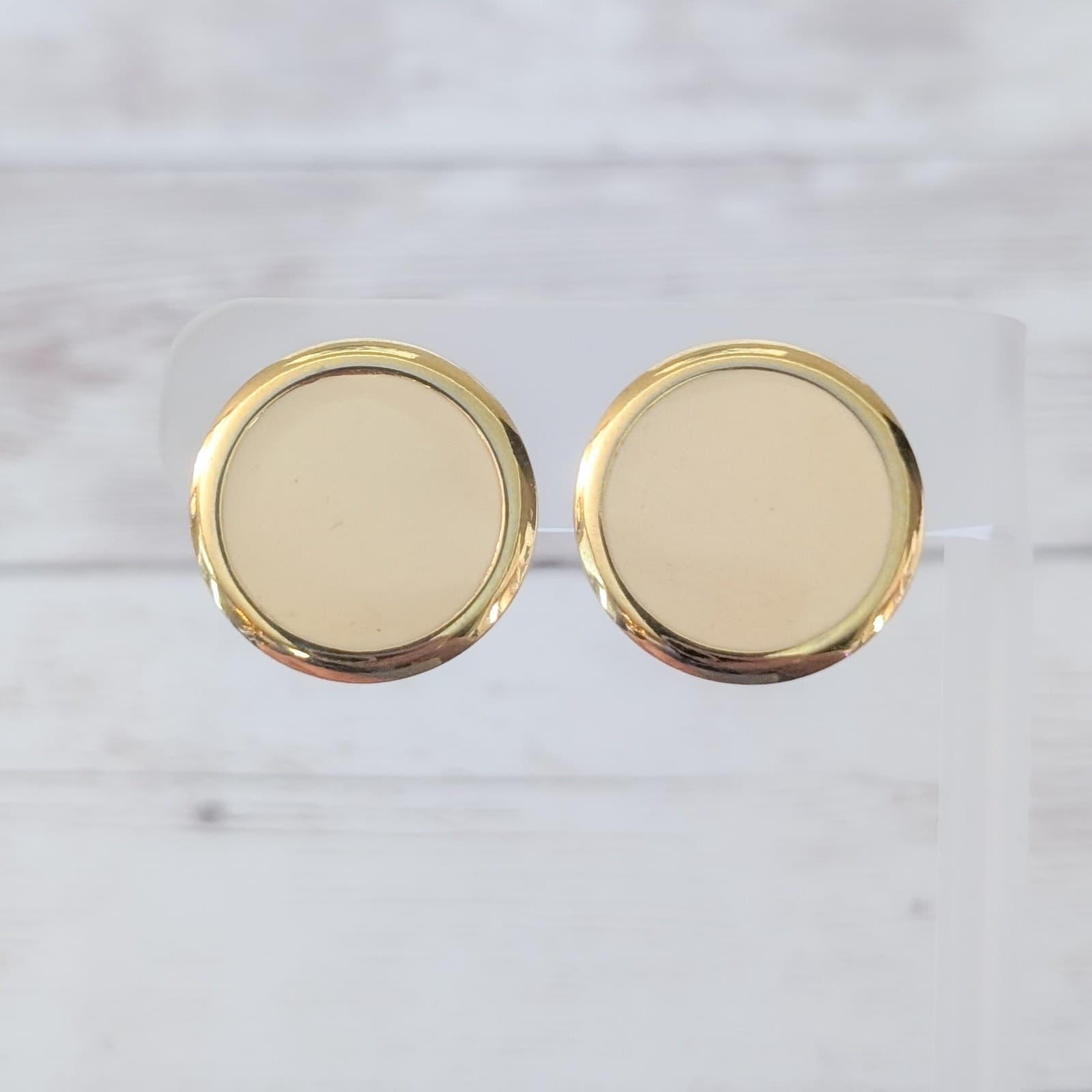 Vintage Clip On Earrings Cream Circle with Gold Tone Halo Just Over 7/8"
