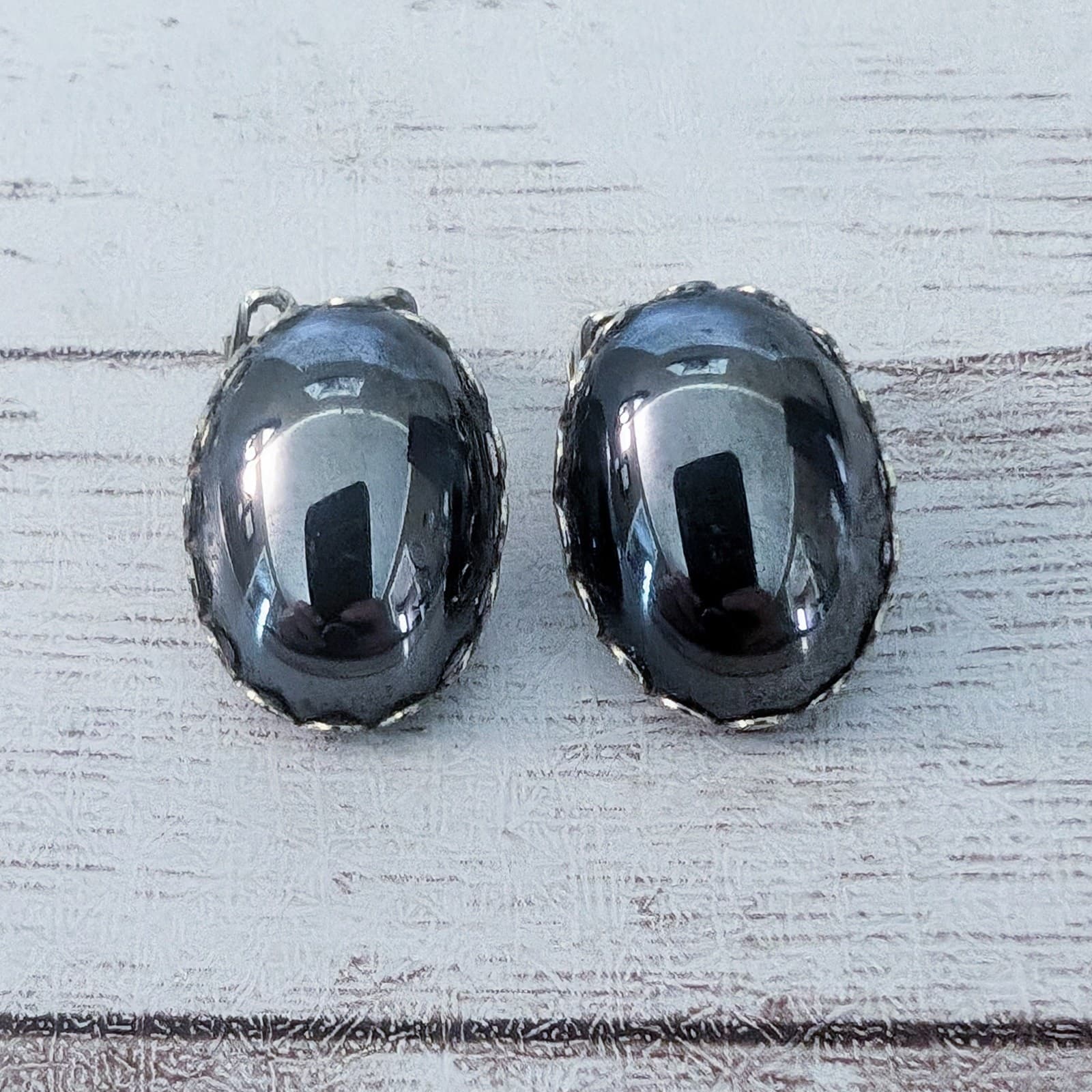 Vintage Clip On Earrings Dark Metallic Mirrored Oval