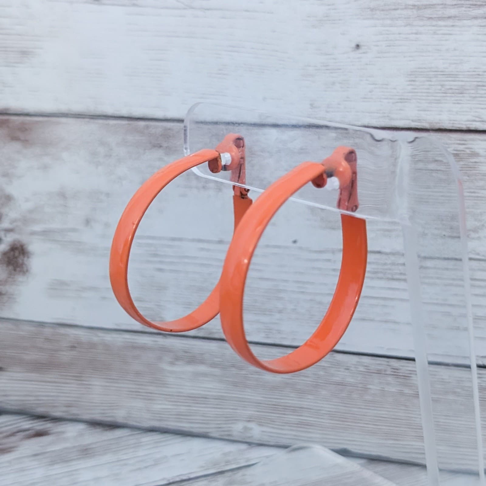 Vintage Clip On Earrings Large Retro Orange Elongated Hoops 1 & 5/8" Statement