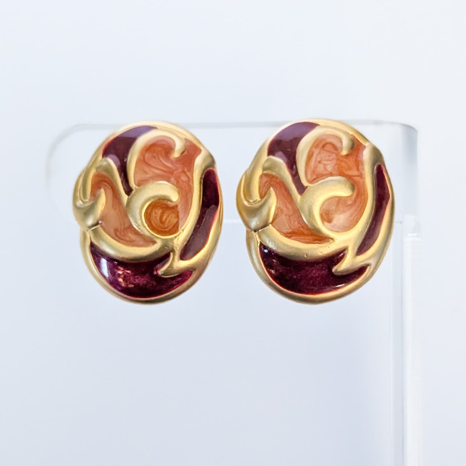 Vintage Clip On Earrings Burgundy, Orange, Gold Tone Statement Large Chunky