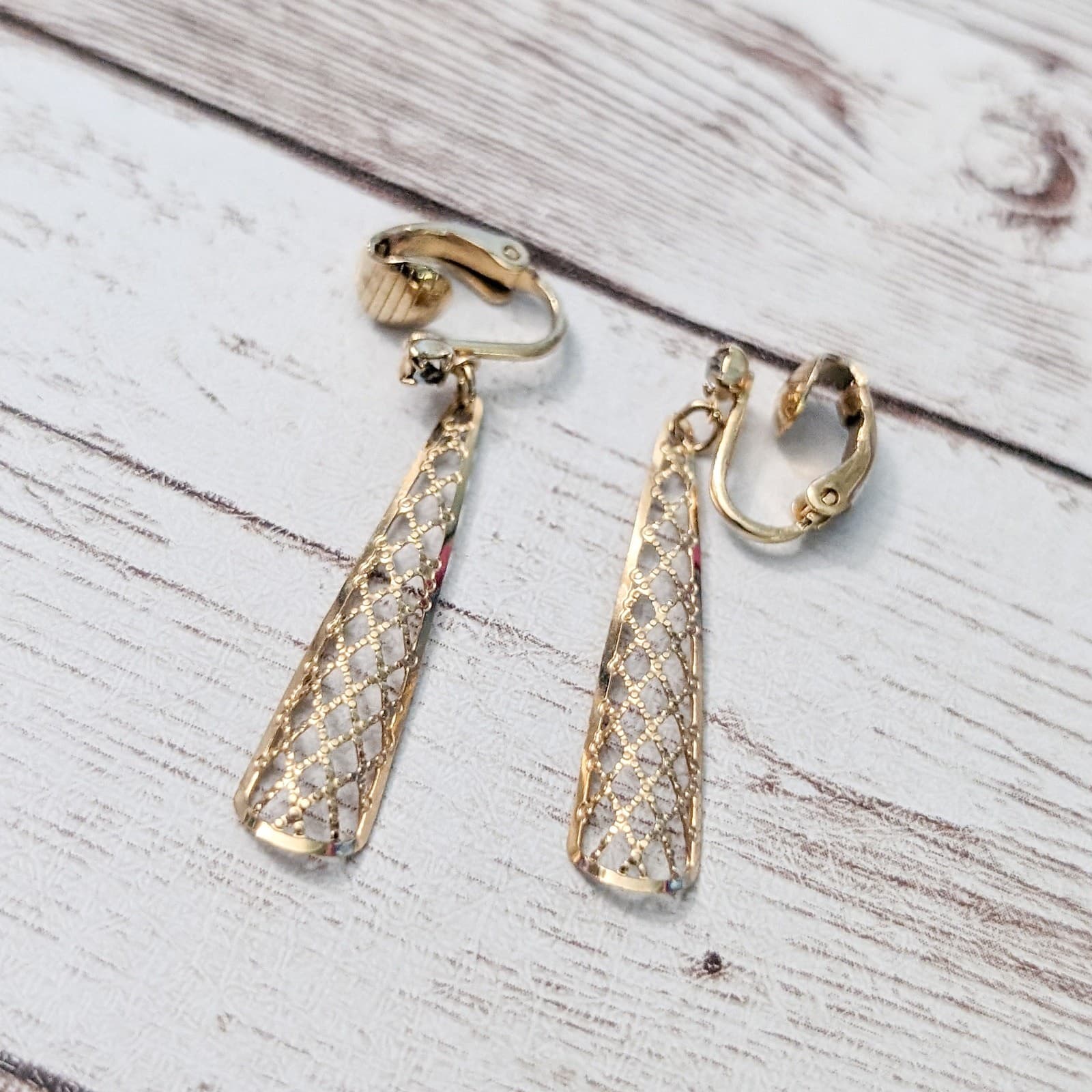 Vintage Clip On Earrings - Gold Tone Lattice Like Dangle with Clear Gem