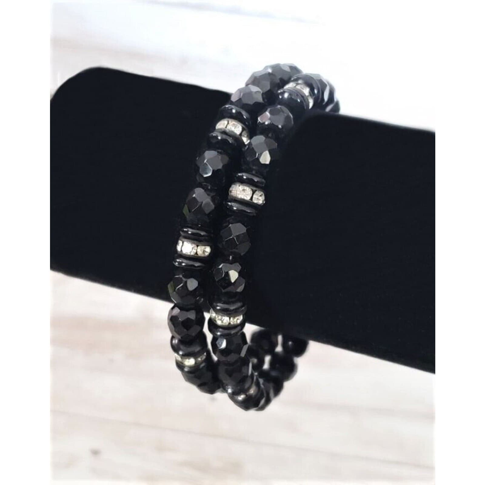 Vintage Bracelet Black Faceted Gem with Clear Gems Wrap Bracelet