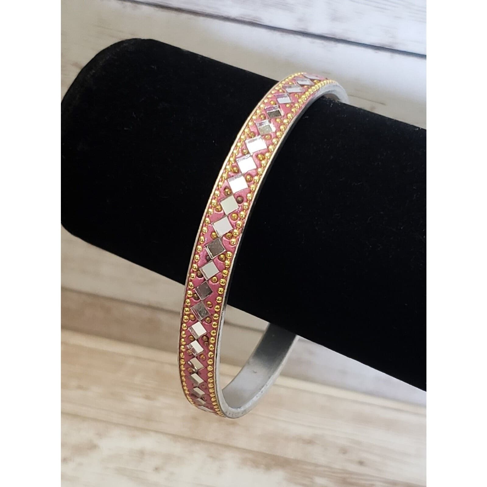 Vintage Bracelet / Bangle Pink Glitter with Mirrored Detail 8.5"