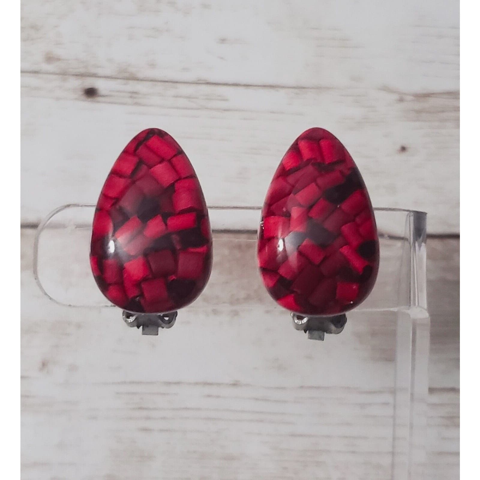 Vintage Clip On Earrings - Red Teardrop Shape Just Over 1"