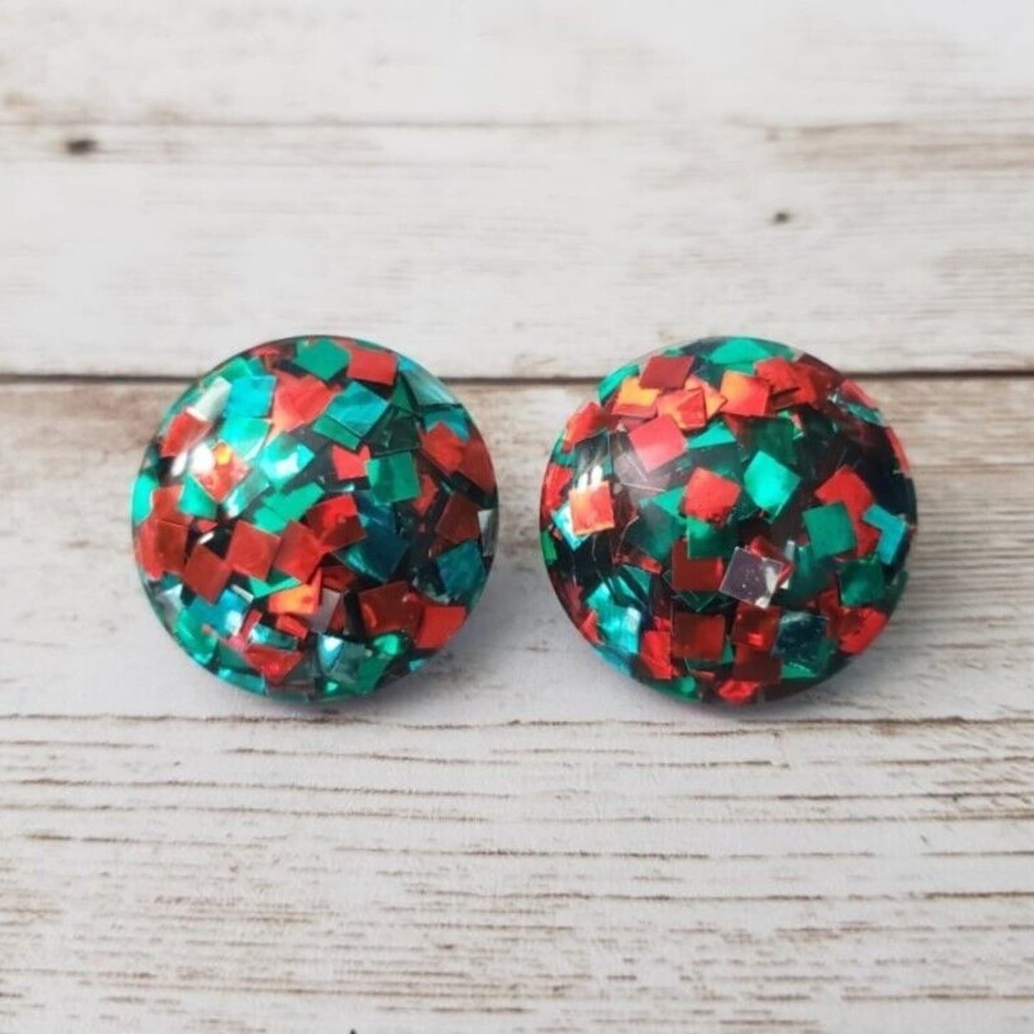 Vintage Clip On Earrings - Red & Green Domed Circle 1"