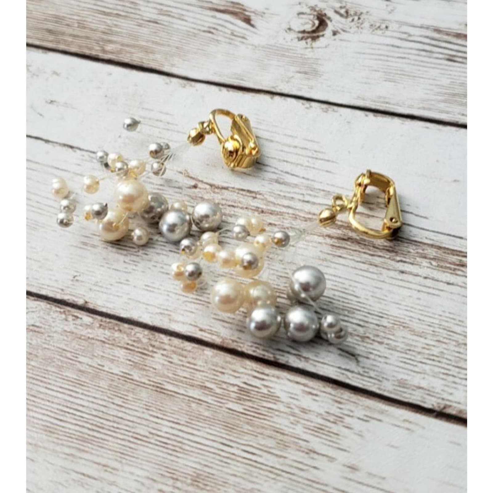 Vintage Clip On Earrings - Two Tone Faux Pearl Dangle Pretty