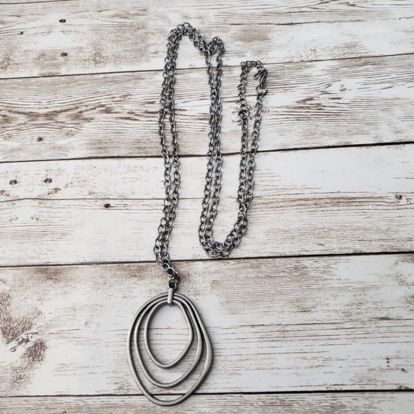 Vintage Necklace Dark Silver Tone / Gray Uneven Oval Pendant