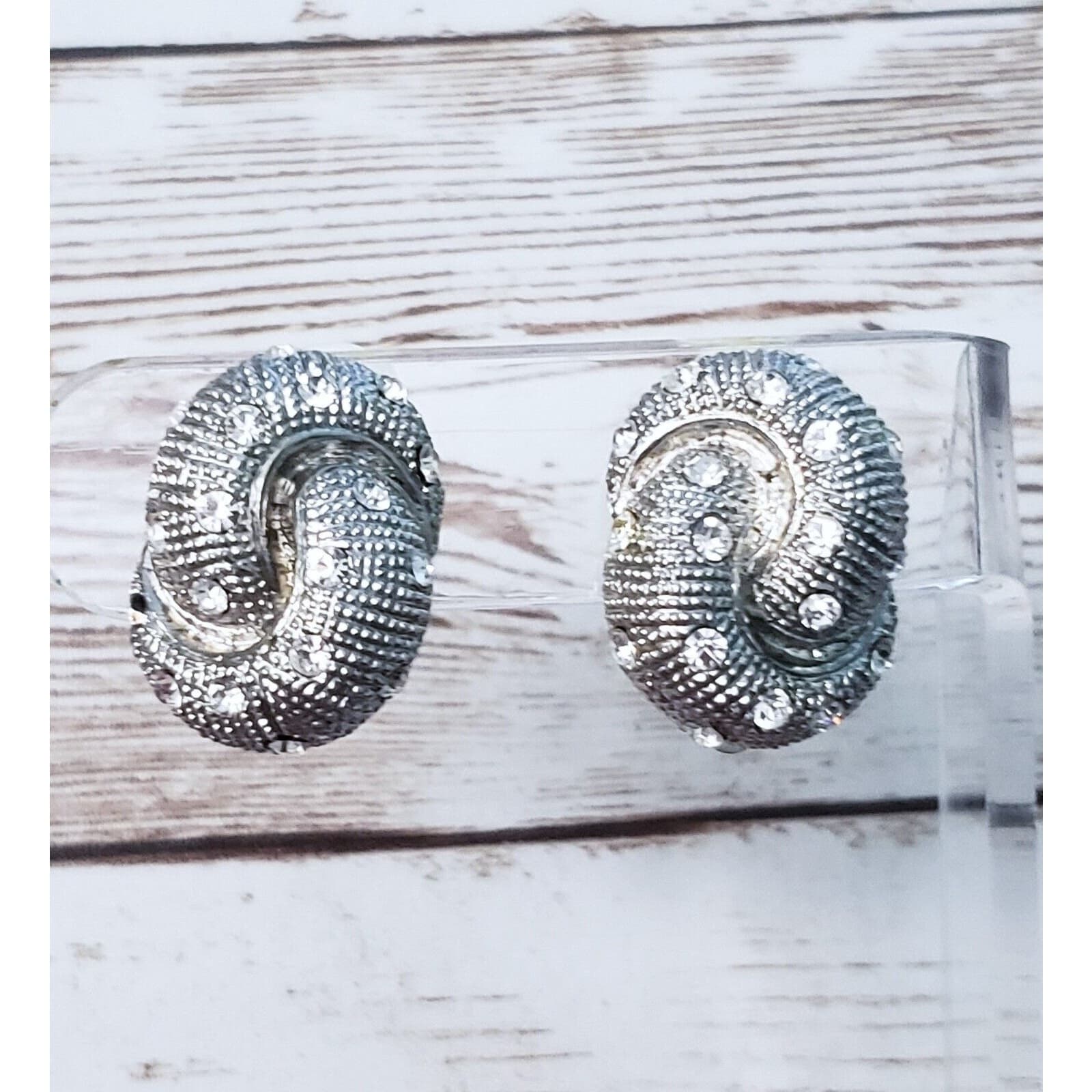 Vintage Clip On Earrings - Twisted Silver Tone & Clear Gem 1"