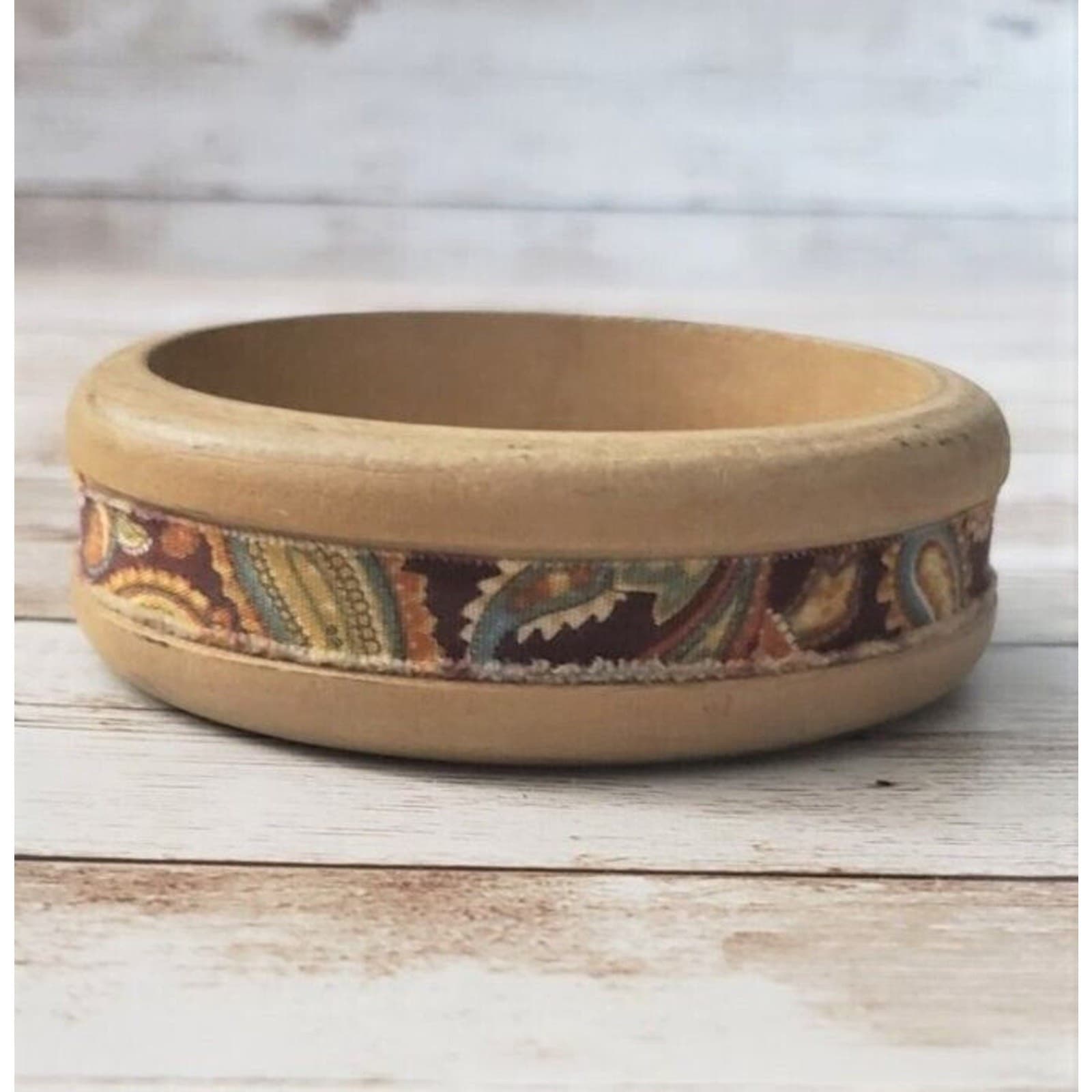 Vintage Bracelet / Bangle Wooden with Inlayed Fabric