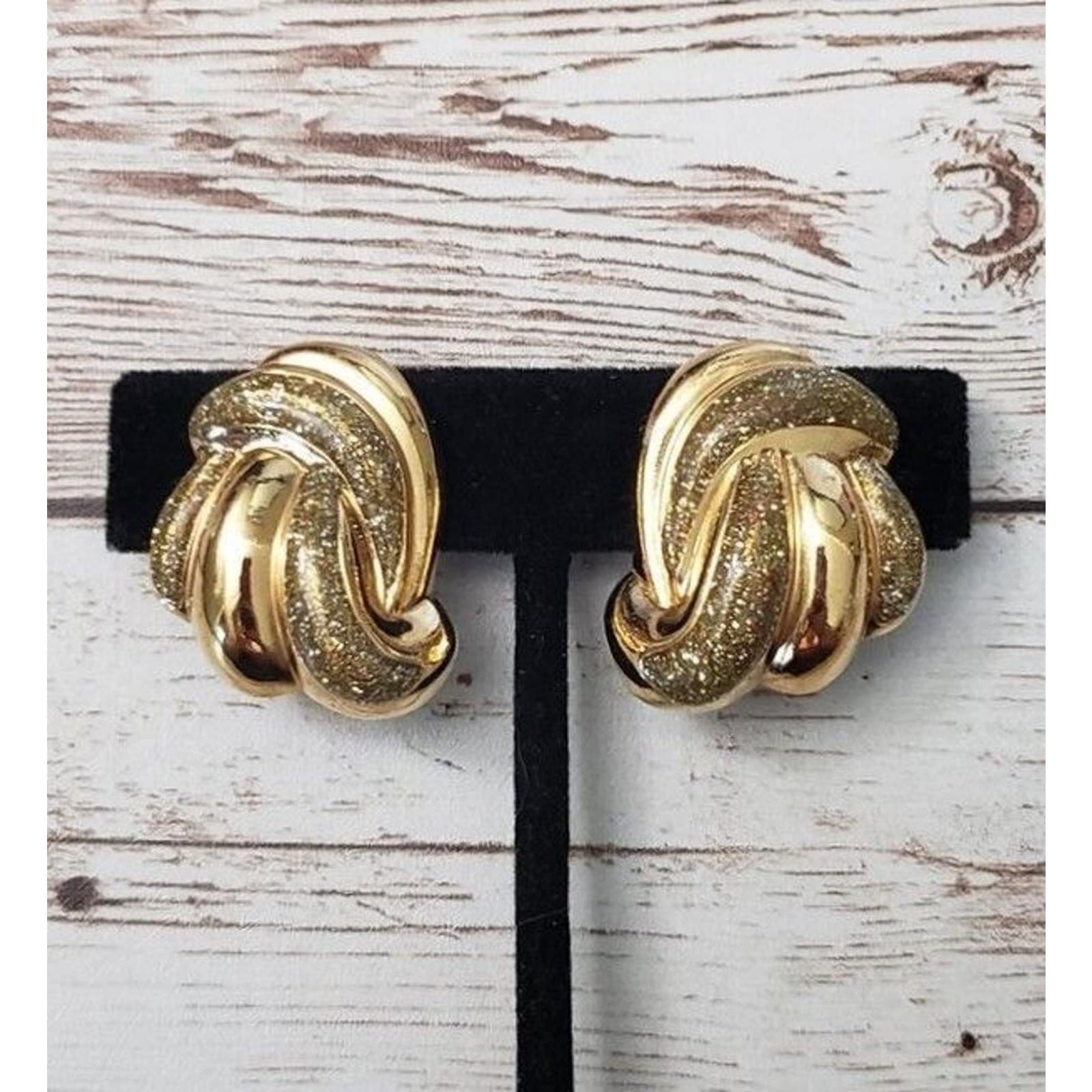 Vintage Clip On Earrings - Large Statement Gold Tone Flourish Glitter Detail