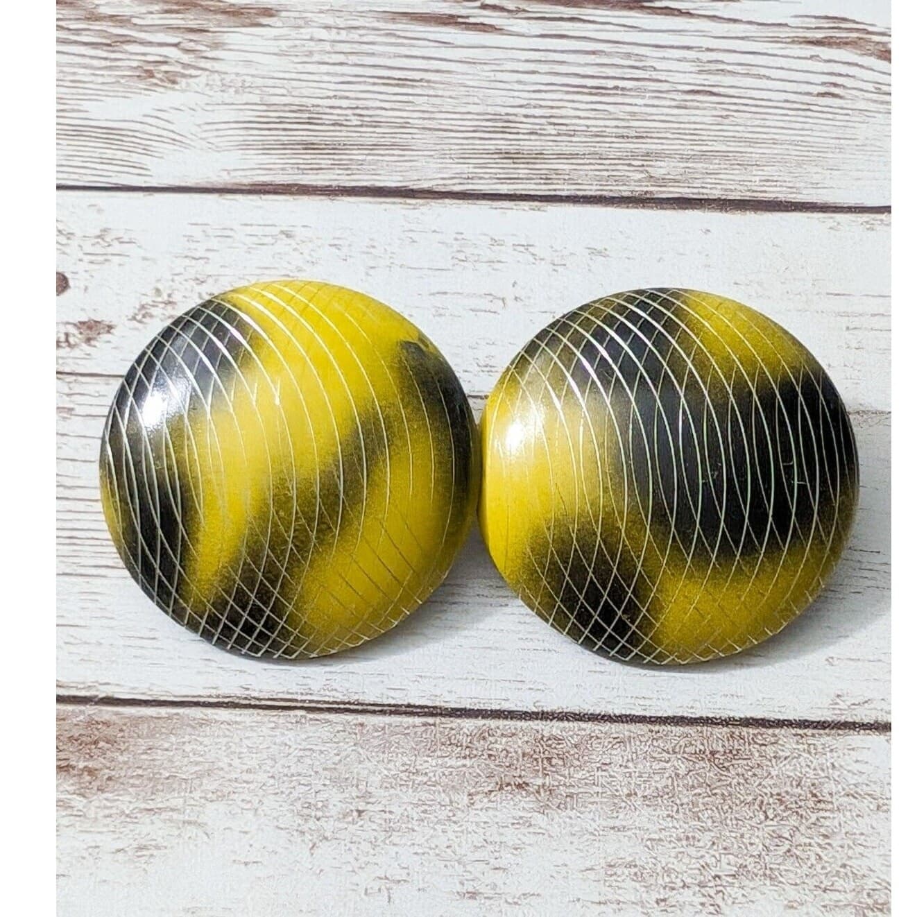 Vintage Clip On Earrings 1 & 3/8" Yellow & Black Large Statement Circle Earrings