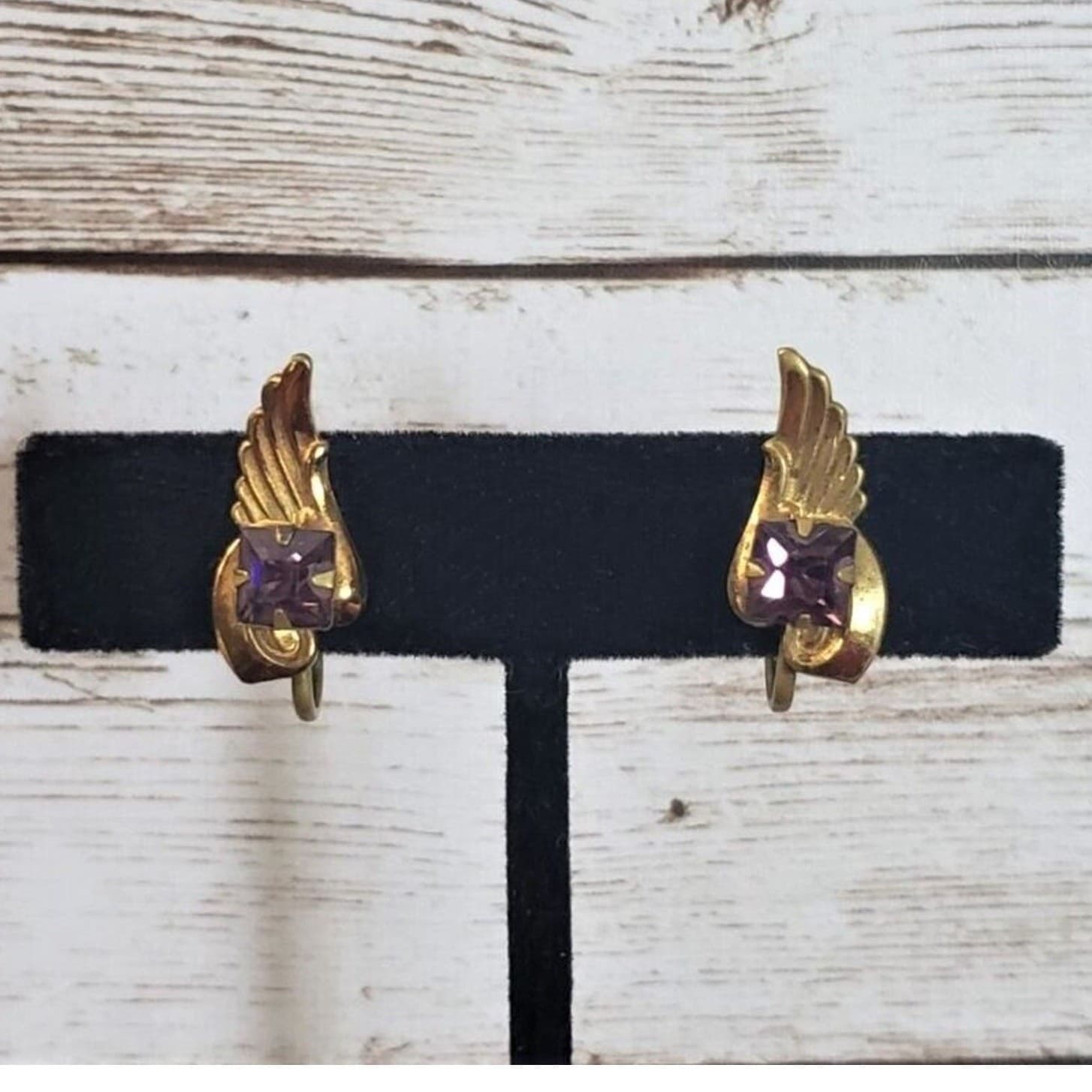 Vintage Screw On Earrings - Dark Gold Tone Feather with Square Purple Gem
