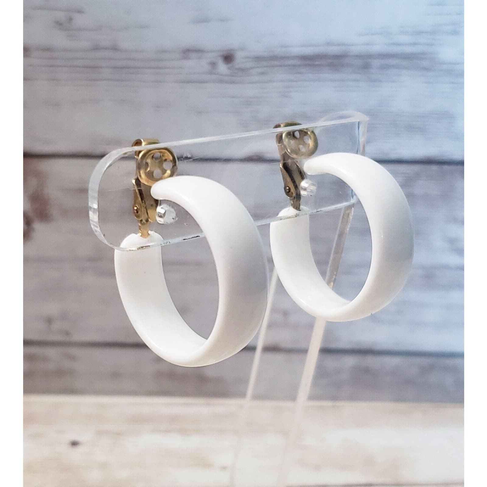 Vintage Clip On Earrings - Retro White Hoops 1 & 1/8"