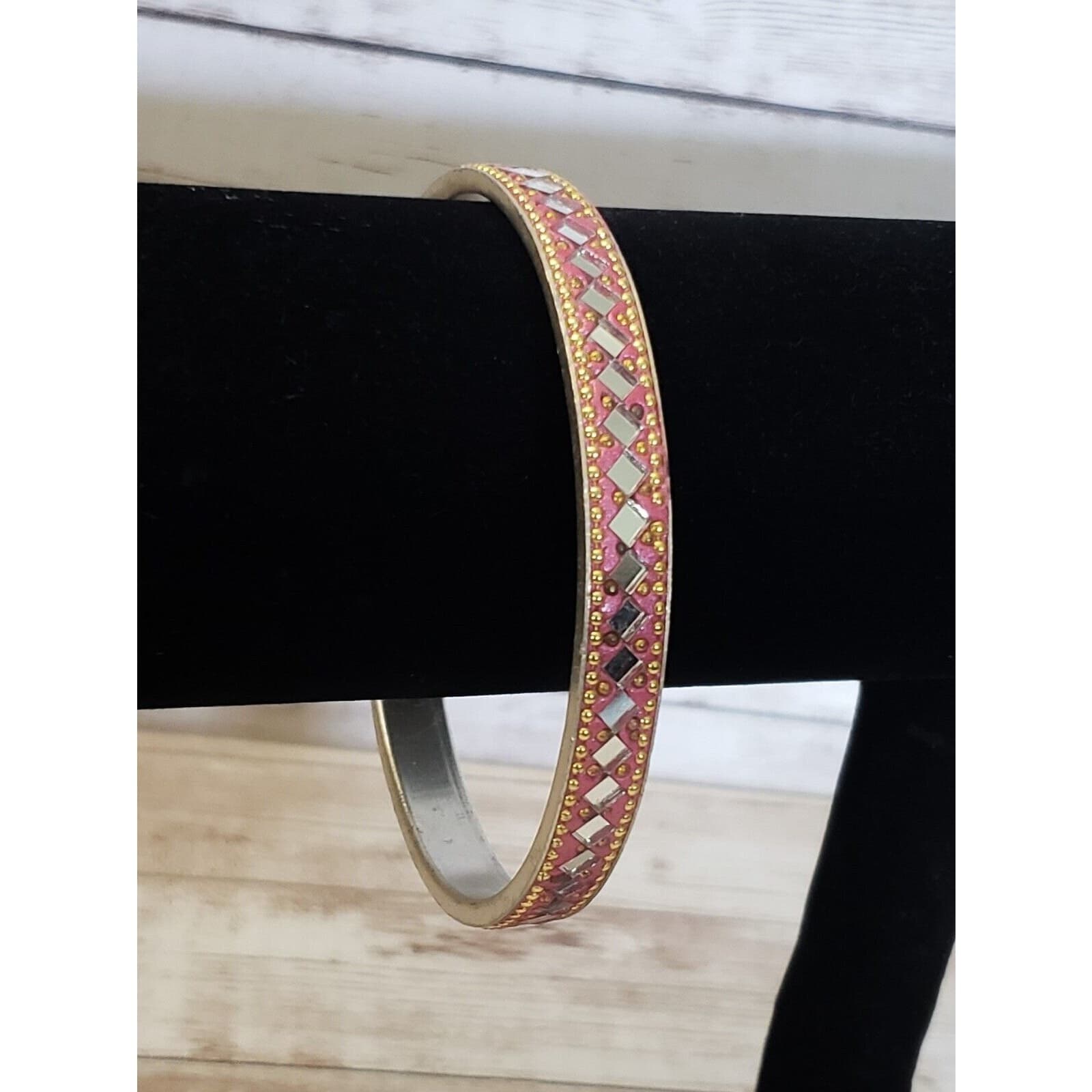 Vintage Bracelet / Bangle 8.5" Pink Glitter with Mirrored Detail