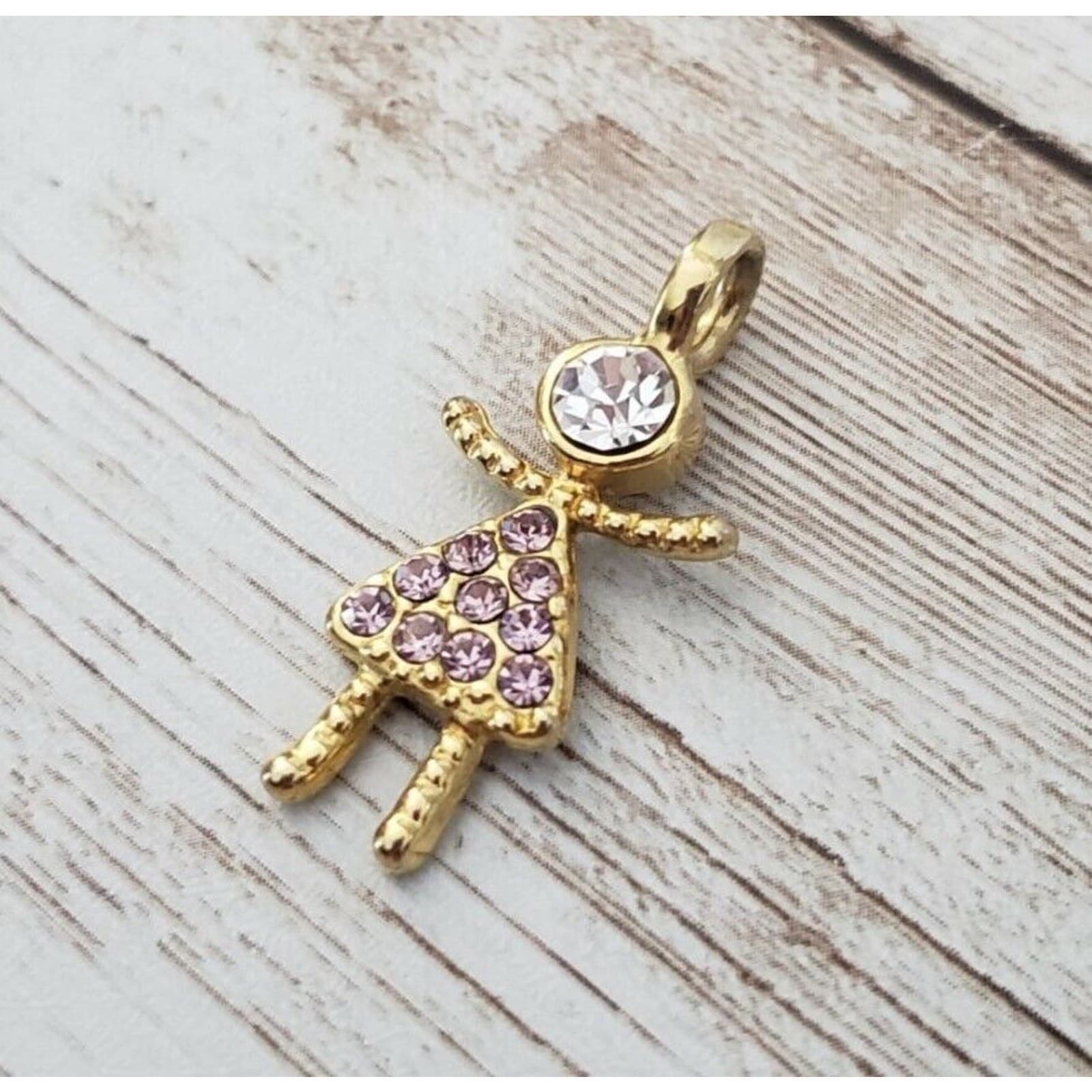 Vintage Pendant - Gold Tone Girl with Pink & Clear Gems - No Chain Included