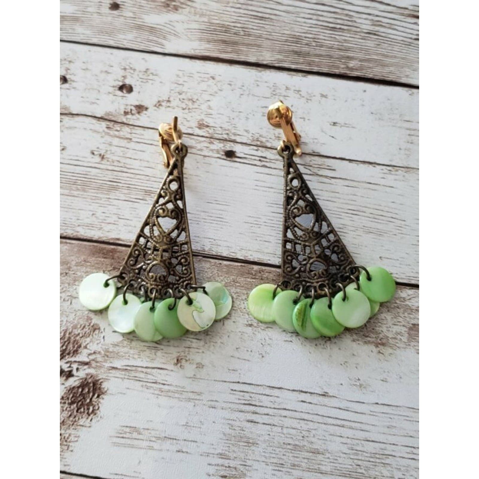 Vintage Clip On Earrings Ornate Triangular Shape Dangle with Green Circles