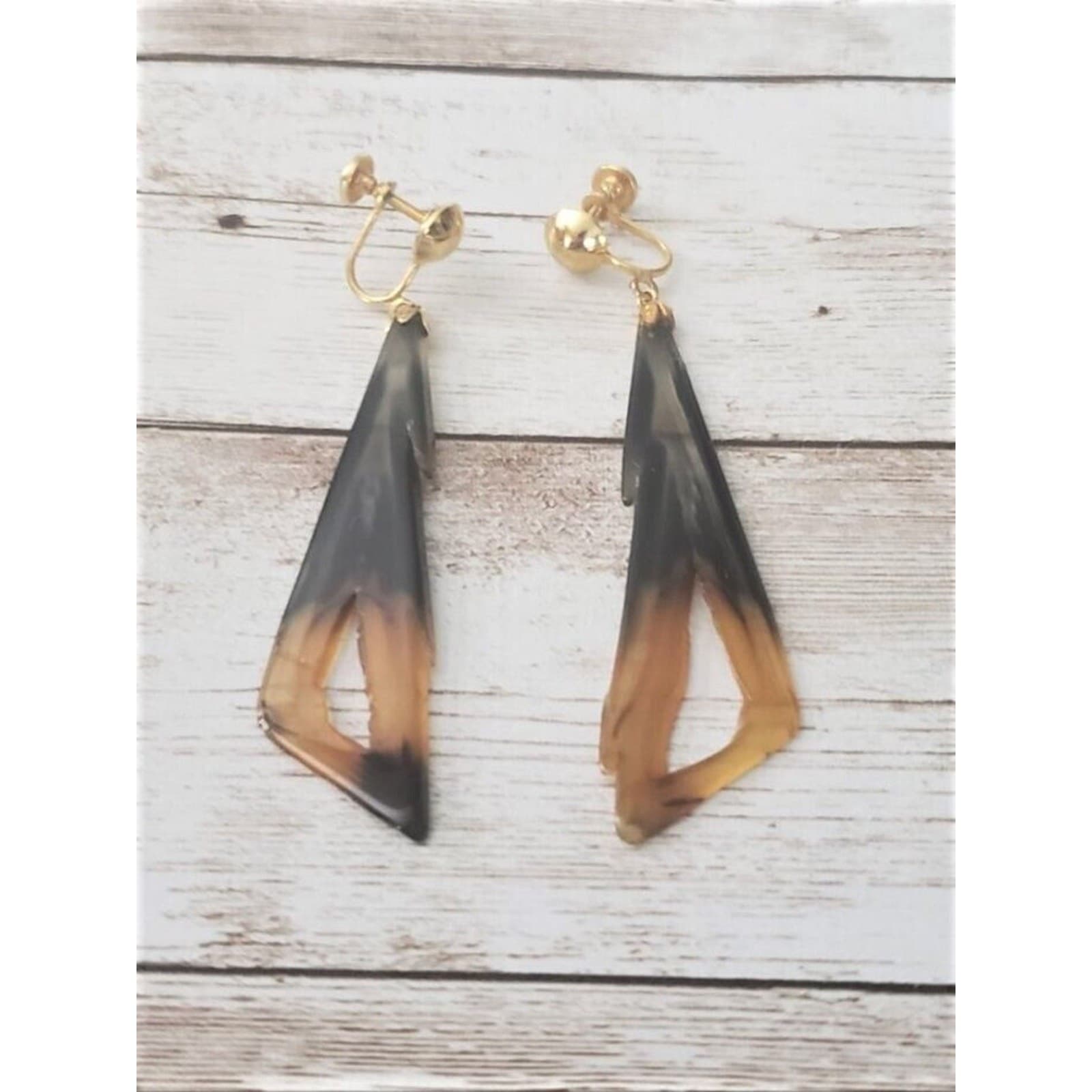 Vintage Screw On Earrings Black & Orange Jagged Triangle Statement Long Dangle