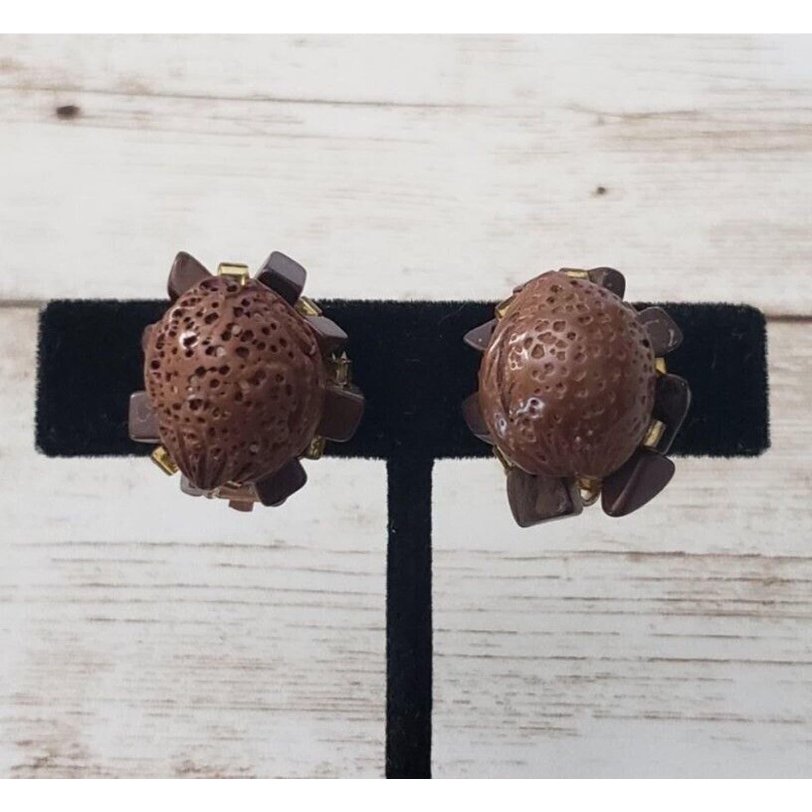 Vintage Clip On Earrings Brown Nut With Beads