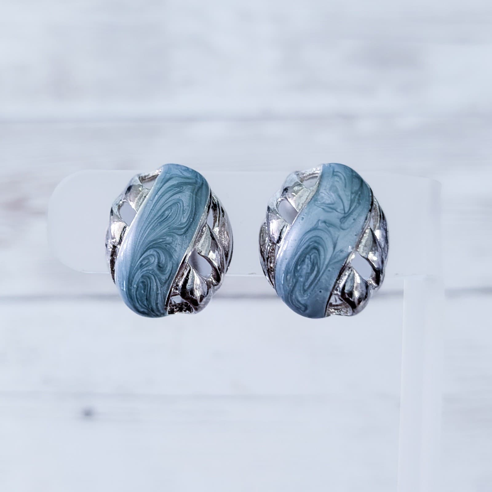 Vintage Clip On Earrings Dusky Blue-ish & Silver Tone Oval Statement 7/8"