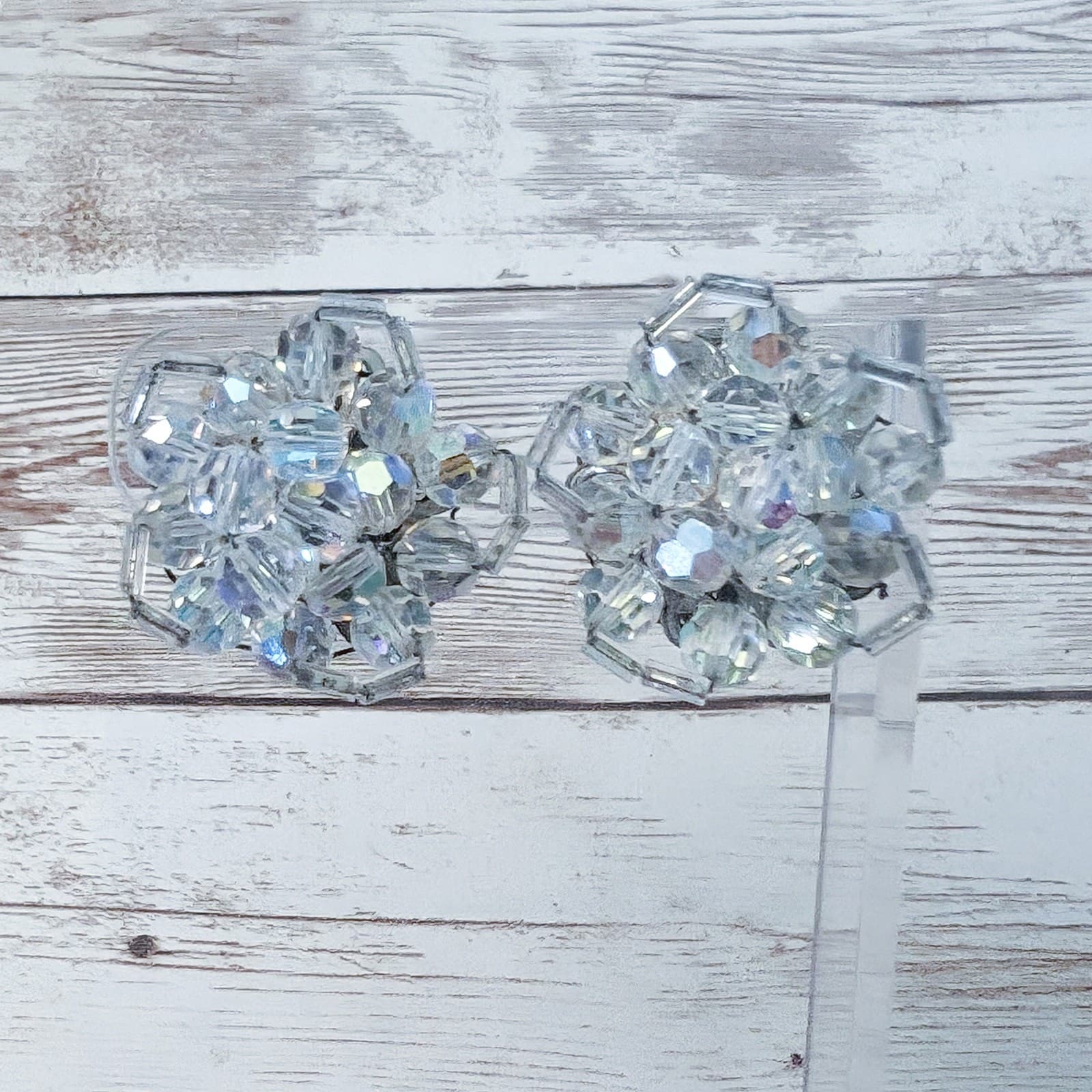 Vintage Clip On Earrings Flower Like Iridescent Cluster